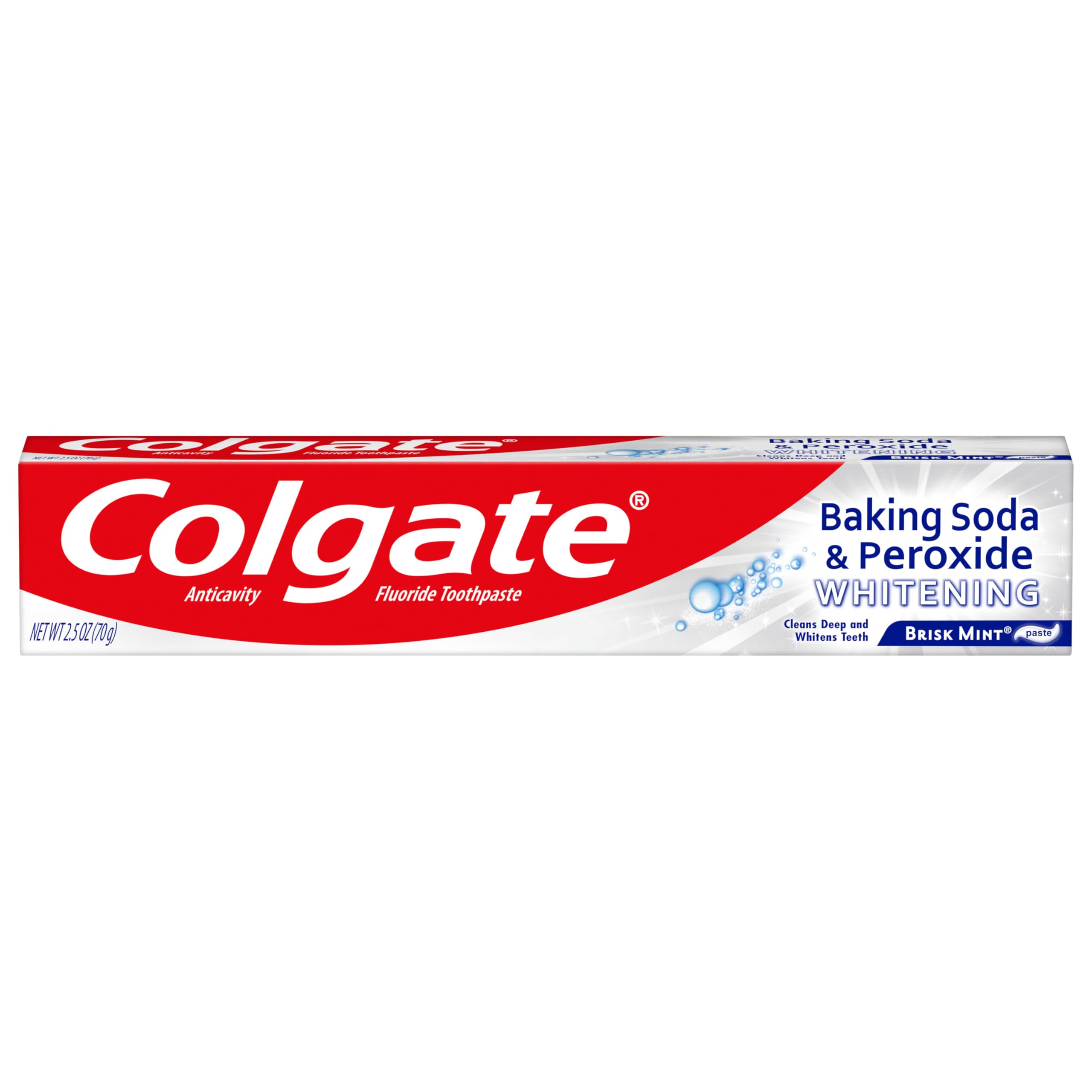 Dentifrice Colgate au bicarbonate et peroxyde, tube Brisk Mint, pour un éclat durable.