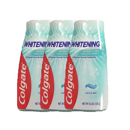 Colgate Whitening Crystal Mint — aperçu des trois tubes, pratique pour la routine familiale.