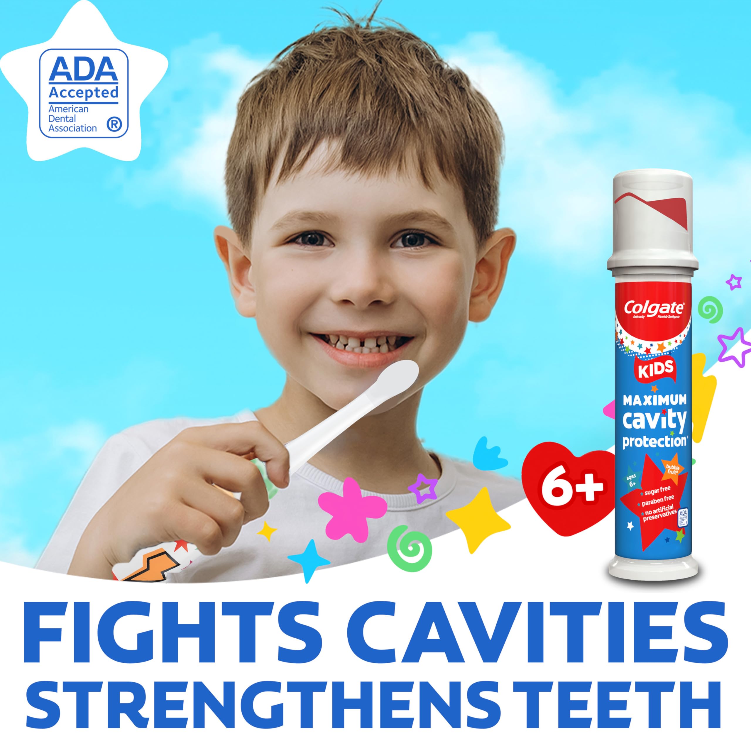 Colgate Kids dentifrice fluoré avec pompe, dosage précis et nettoyage facilité.