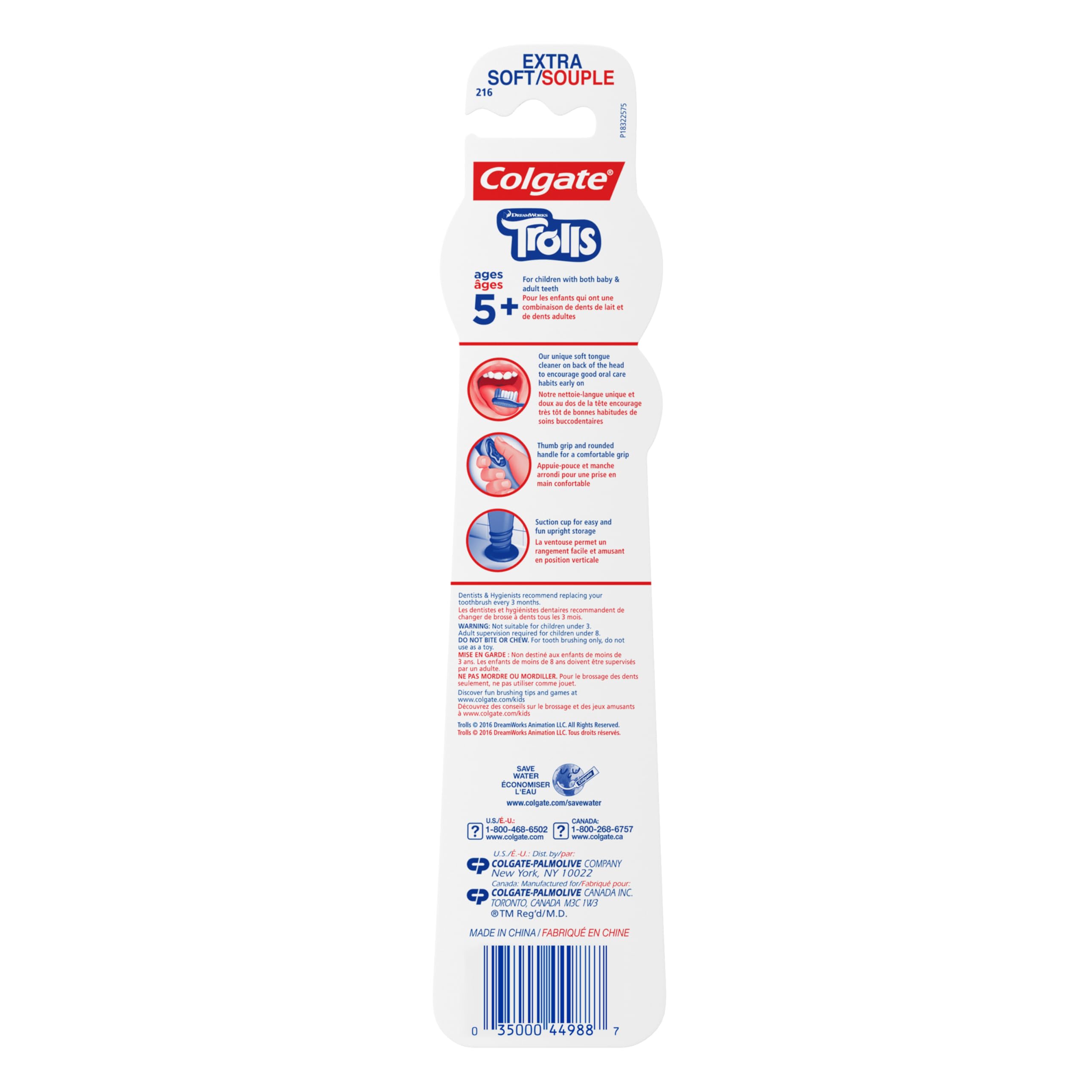 Colgate Kids Trolls, brosse avec ventouse de rangement pratique et ludique.