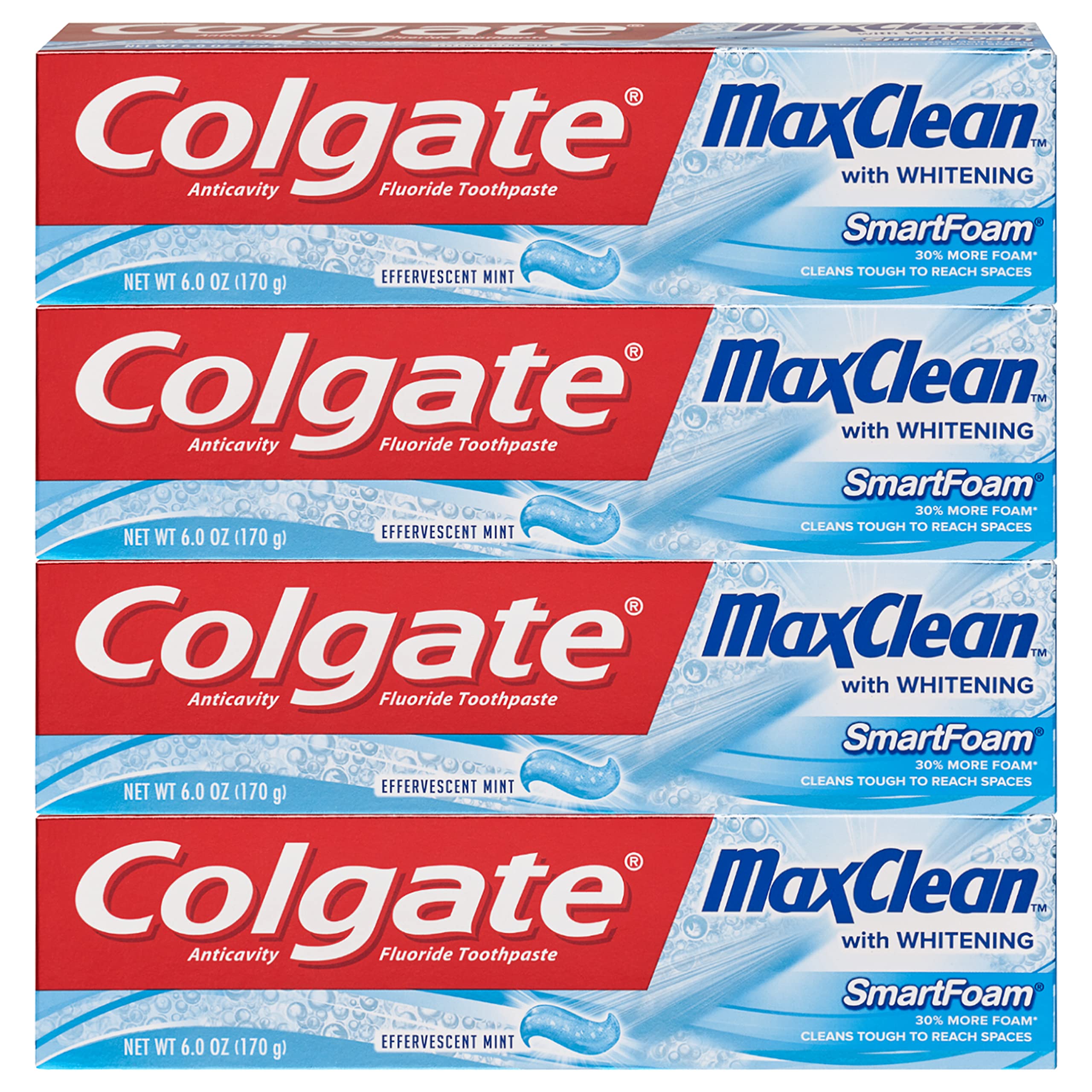 Colgate Max Clean dentifrice moussant dans sa bouteille pour un brossage efficace.