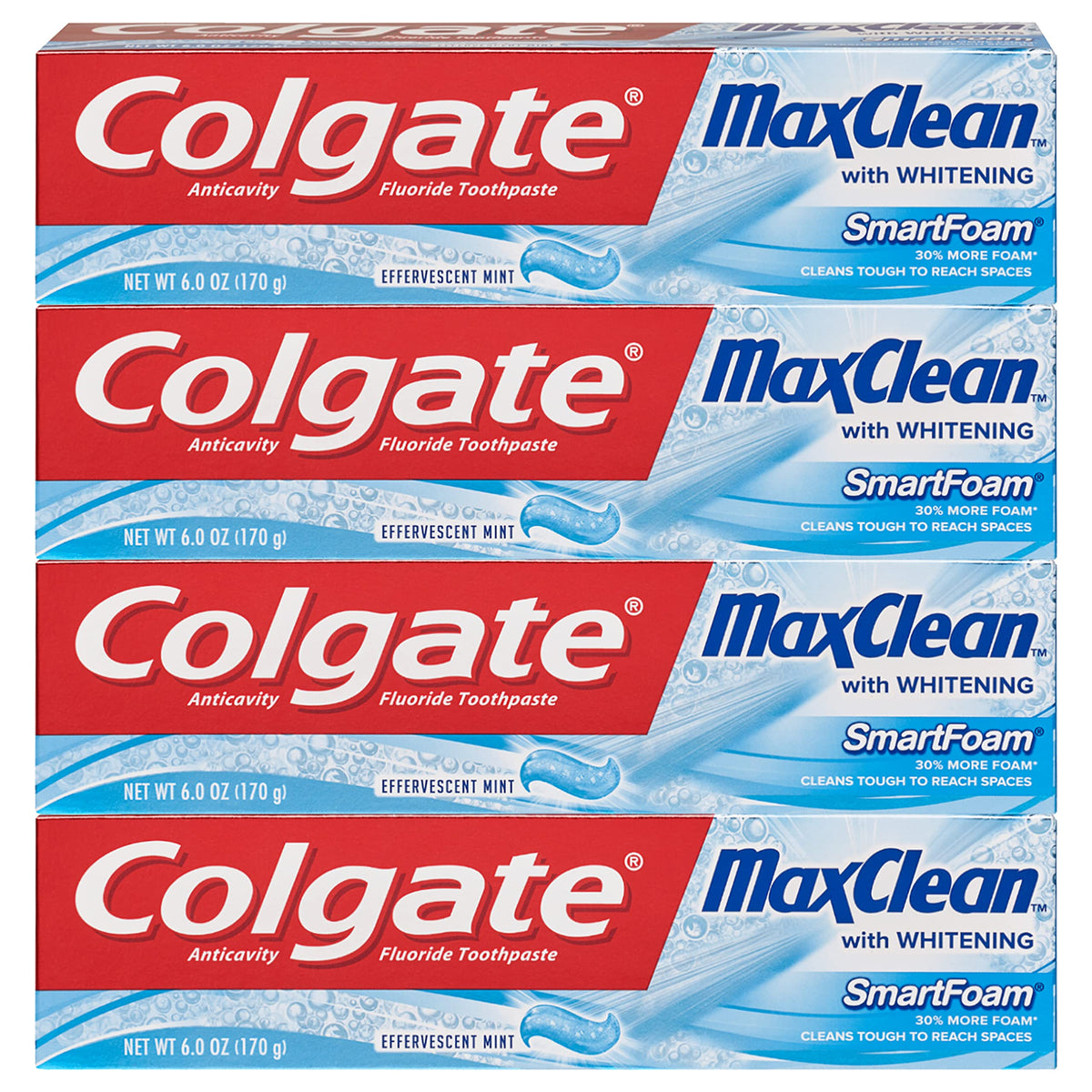 Colgate Max Clean dentifrice moussant dans sa bouteille pour un brossage efficace.