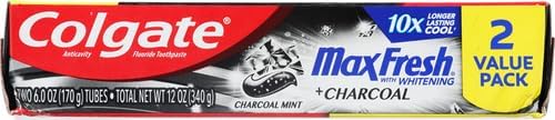 Colgate Max Fresh Charcoal Mint, affichage 2 packs – présentation pratique et robuste.