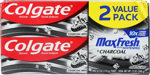 Colgate Max Fresh Charcoal Mint, vue du tube – menthe charbon pour une sensation fraîche.