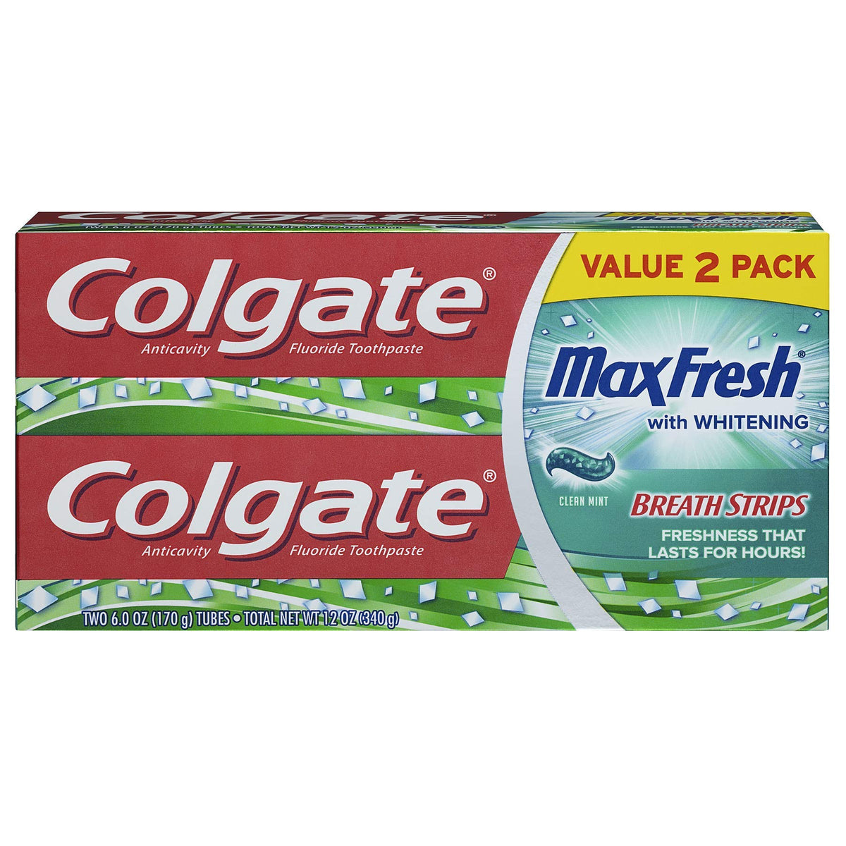 Colgate Max Fresh tube dentifrice menthe claire, fraîcheur durable après brossage.