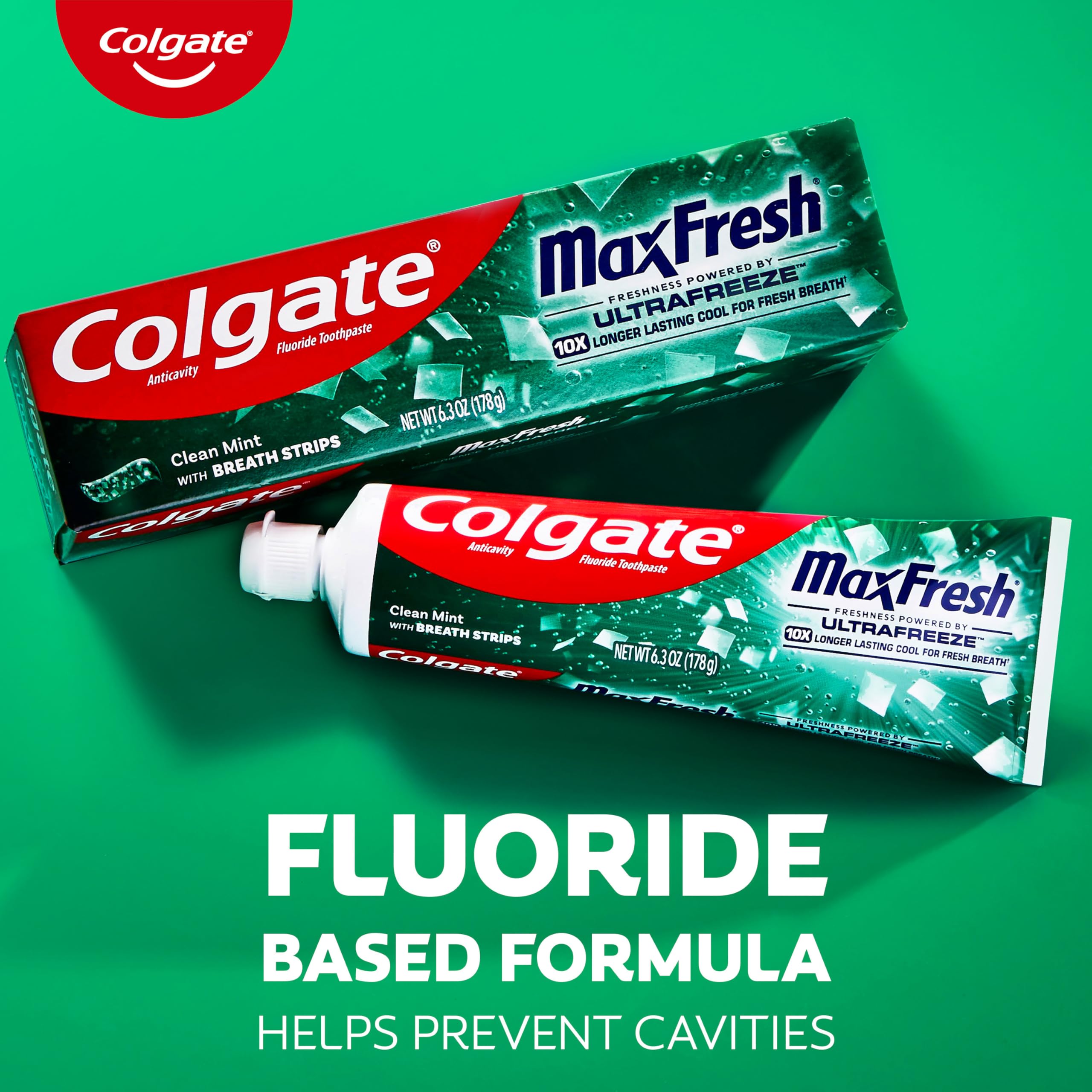 Colgate MaxFresh brossage quotidien avec saveur menthe vivifiante.