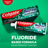 Colgate MaxFresh brossage quotidien avec saveur menthe vivifiante.