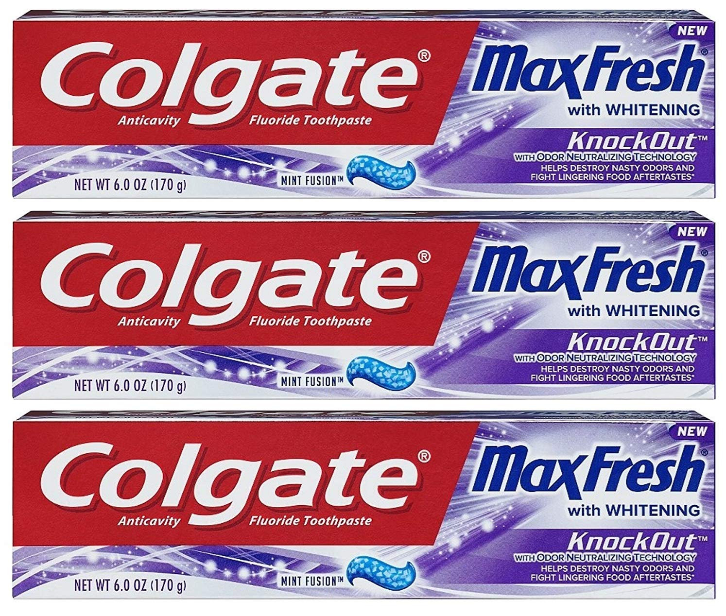 Colgate MaxFresh KnockOut emballage triple pour un usage familial pratique.