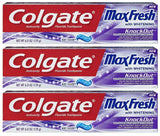 Colgate MaxFresh KnockOut emballage triple pour un usage familial pratique.