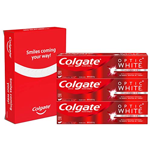 Colgate Optic White dentifrice, emballage lumineux, rangement pratique dans la salle de bain.
