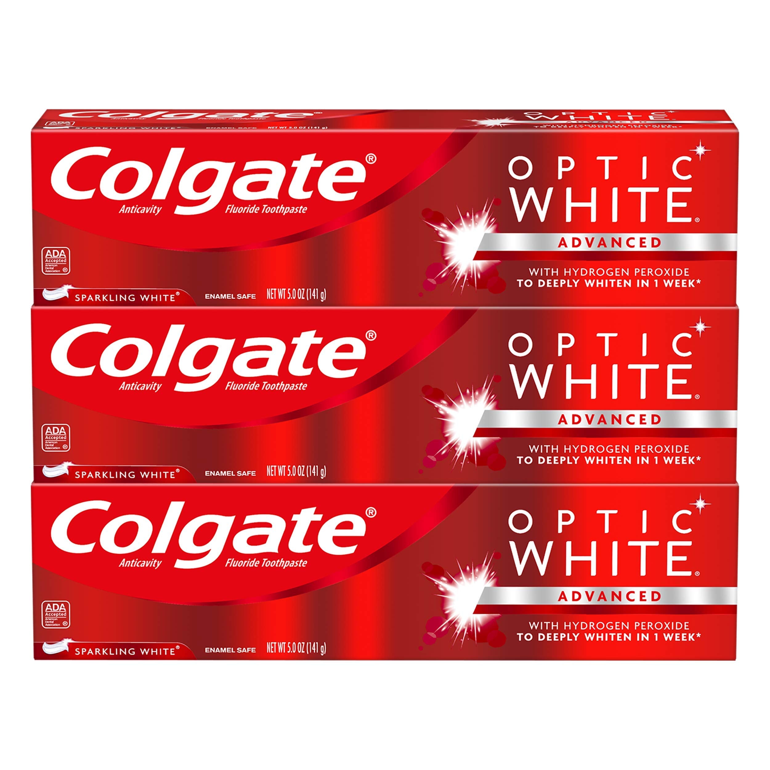 Colgate Optic White dentifrice menthe scintillante en tube, utilisation quotidienne.