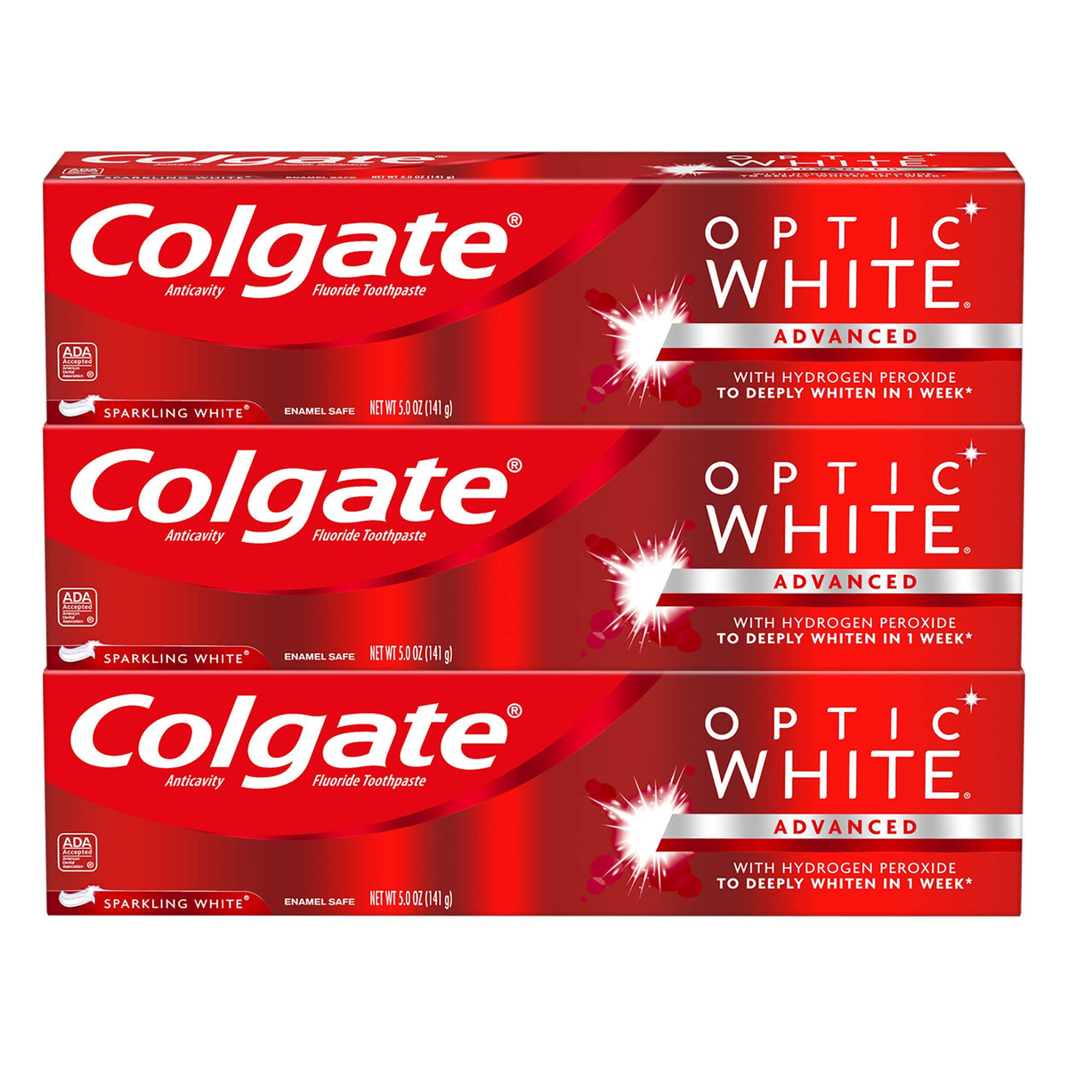 Colgate Optic White dentifrice menthe scintillante en tube, utilisation quotidienne.