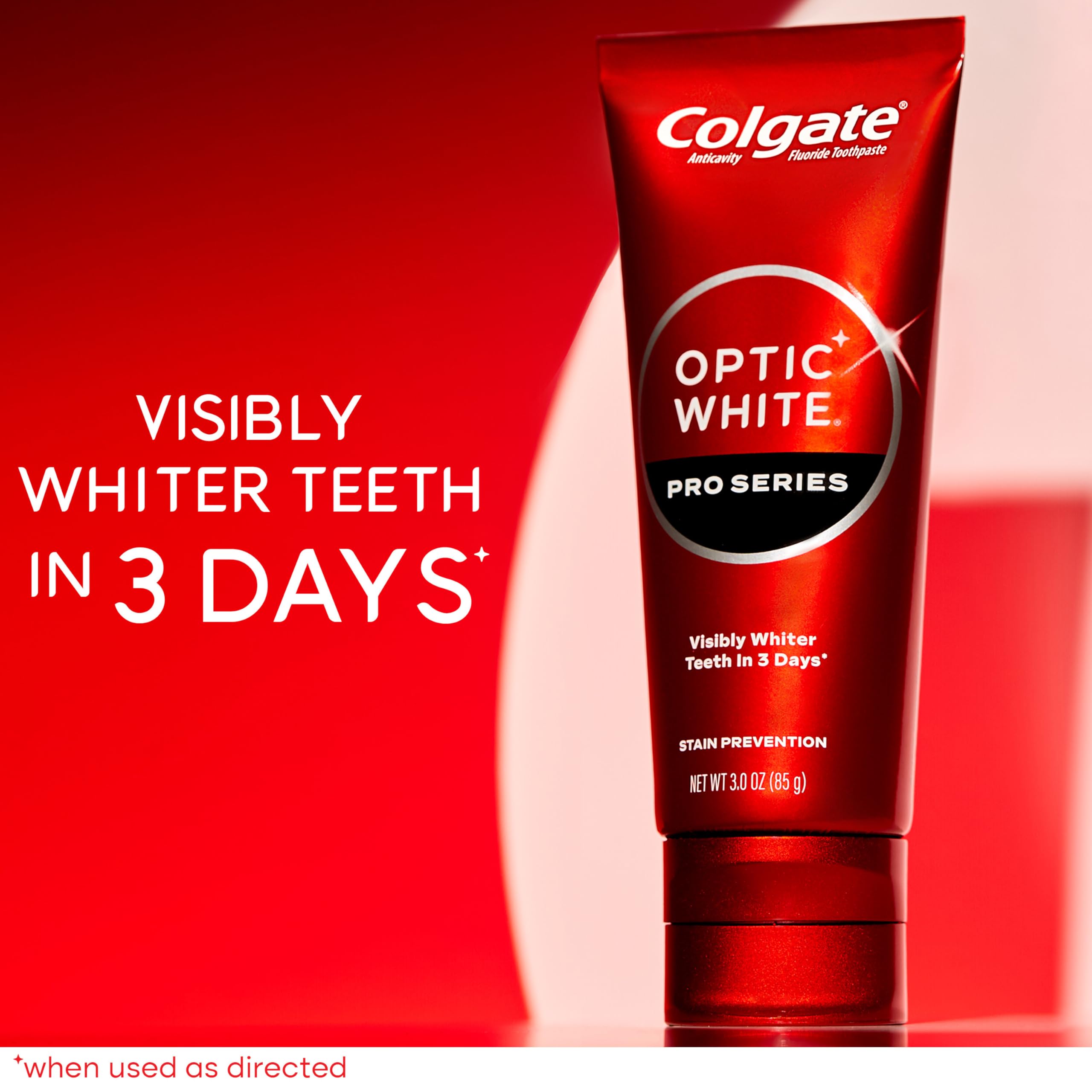 Colgate Optic White Pro Series: pâte blanchissante en 3 jours pour sourire plus éclatant.