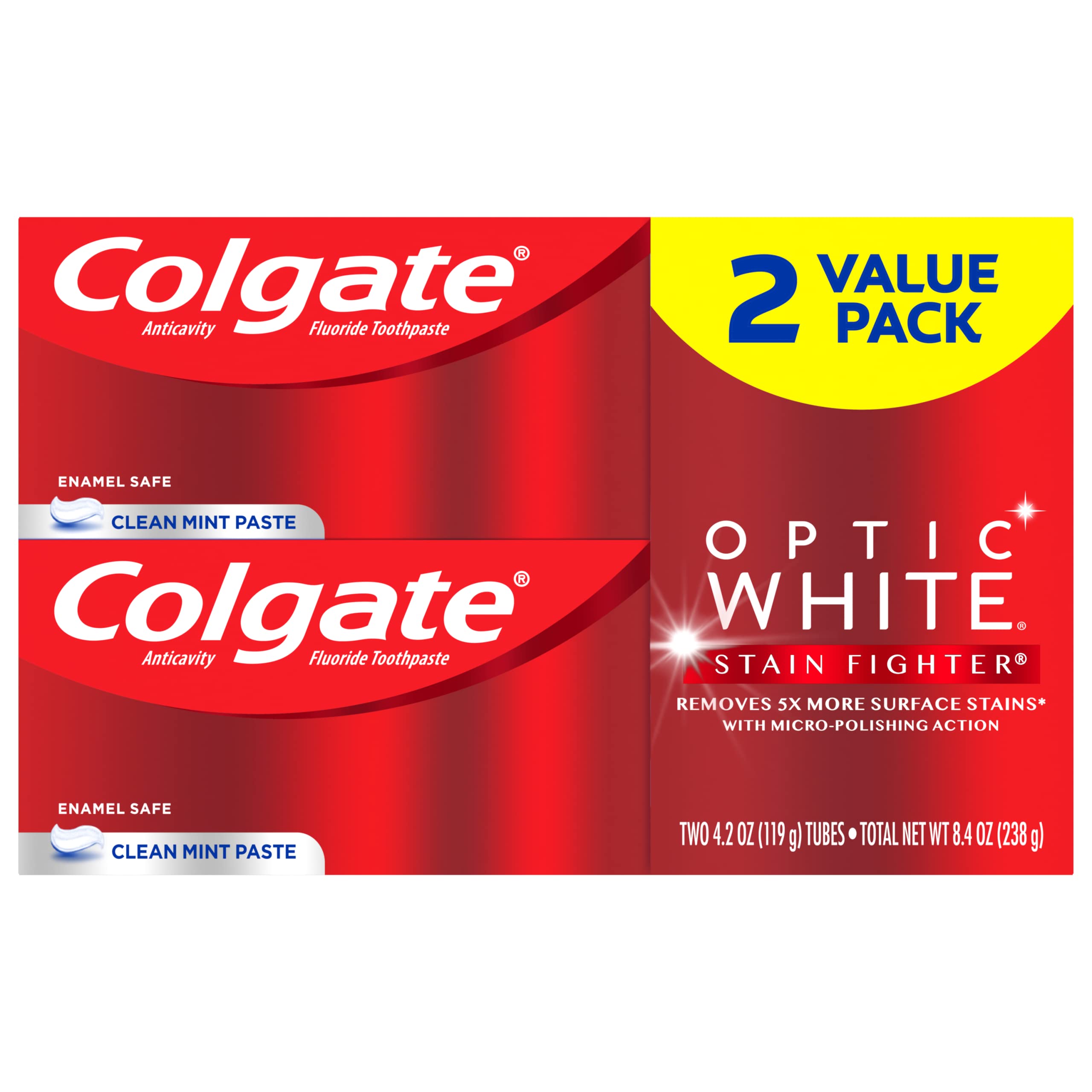 Colgate Optic White Stain Fighter, tube, aide à éclaircir les surfaces et prévenir les taches.
