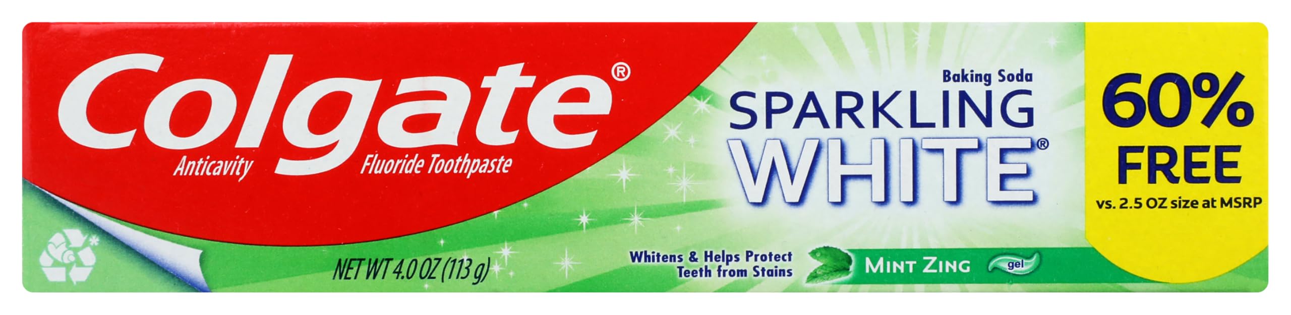 Colgate Pâte dentifrice blanche étincelante, tube visible, aide potentiellement à prévenir les taches.