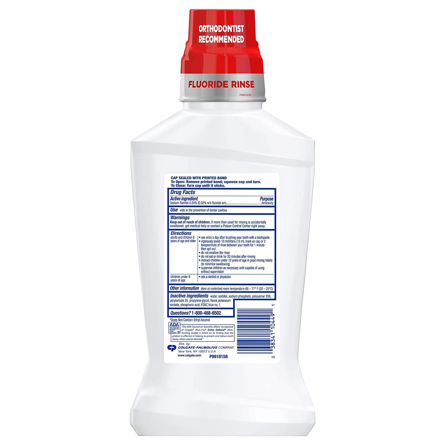 Colgate Phos-Flur: étiquette montrant l’anti-caries et les bienfaits fluorés.