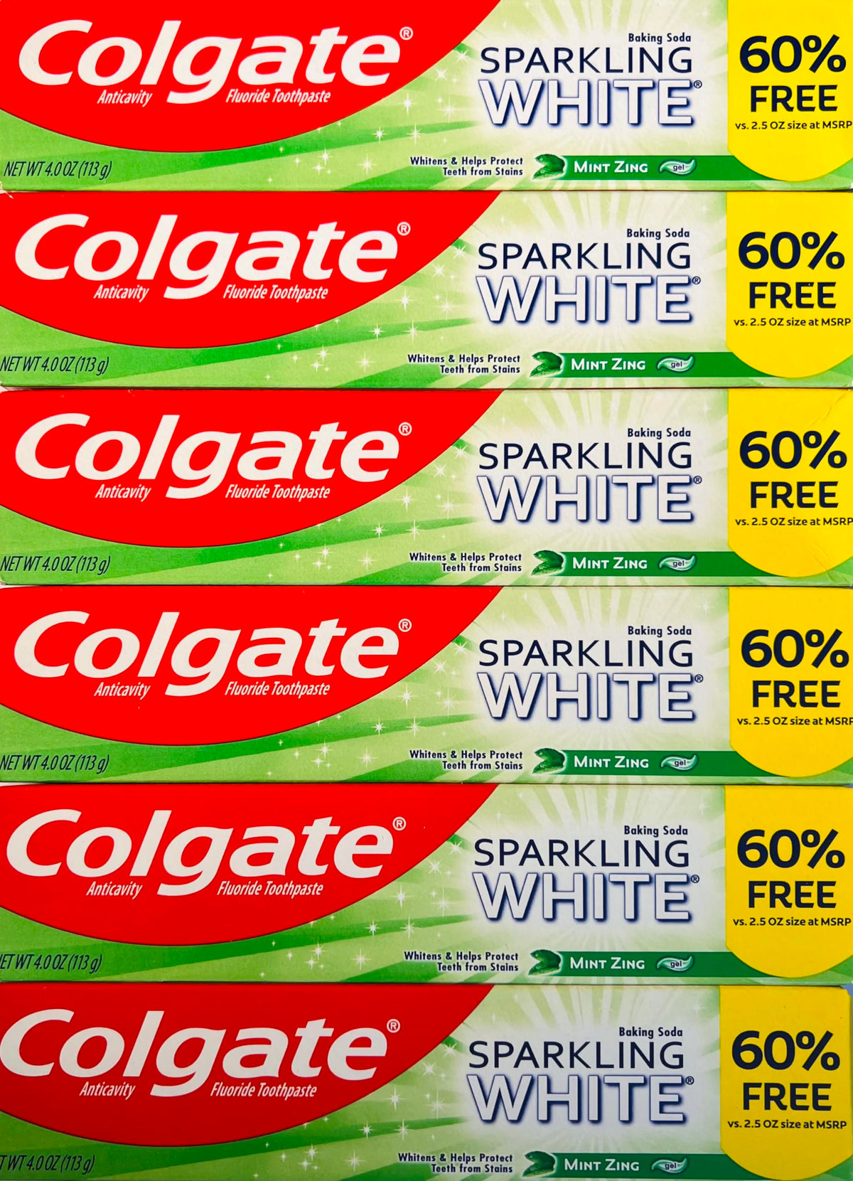 Dentifrice Colgate Sparkling White Menthe – emballage coloré prêt pour une routine buccale quotidienne.