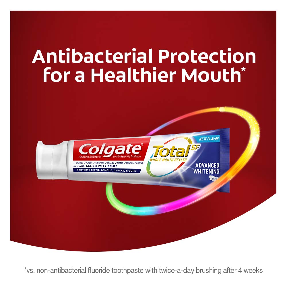 Colgate Total Avancé Blanchiment des surfaces dentaires, sourire clair.