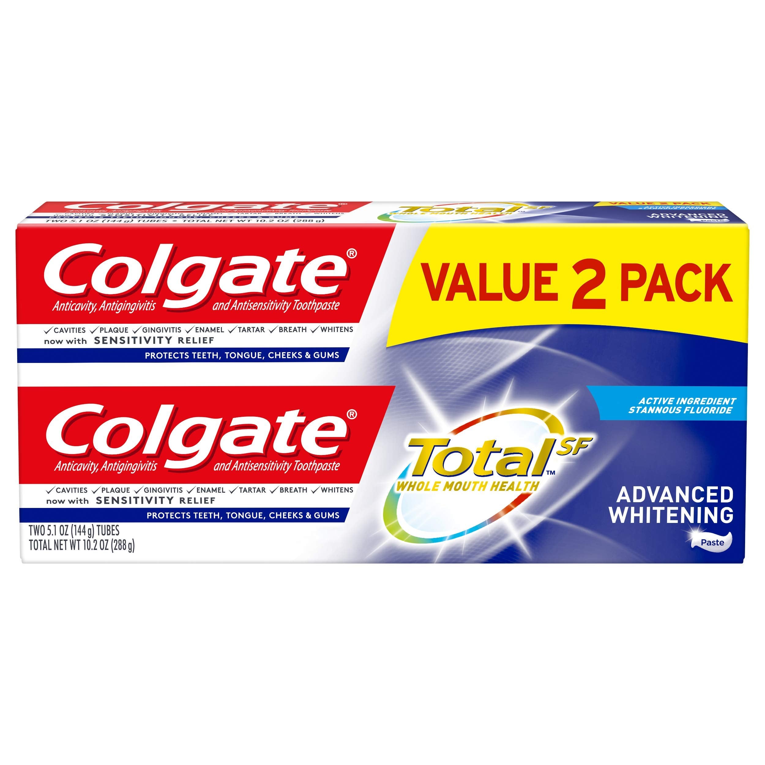 Colgate Total Avancé Blanchiment tube dentifrice prêt à l'emploi, sourire plus blanc.