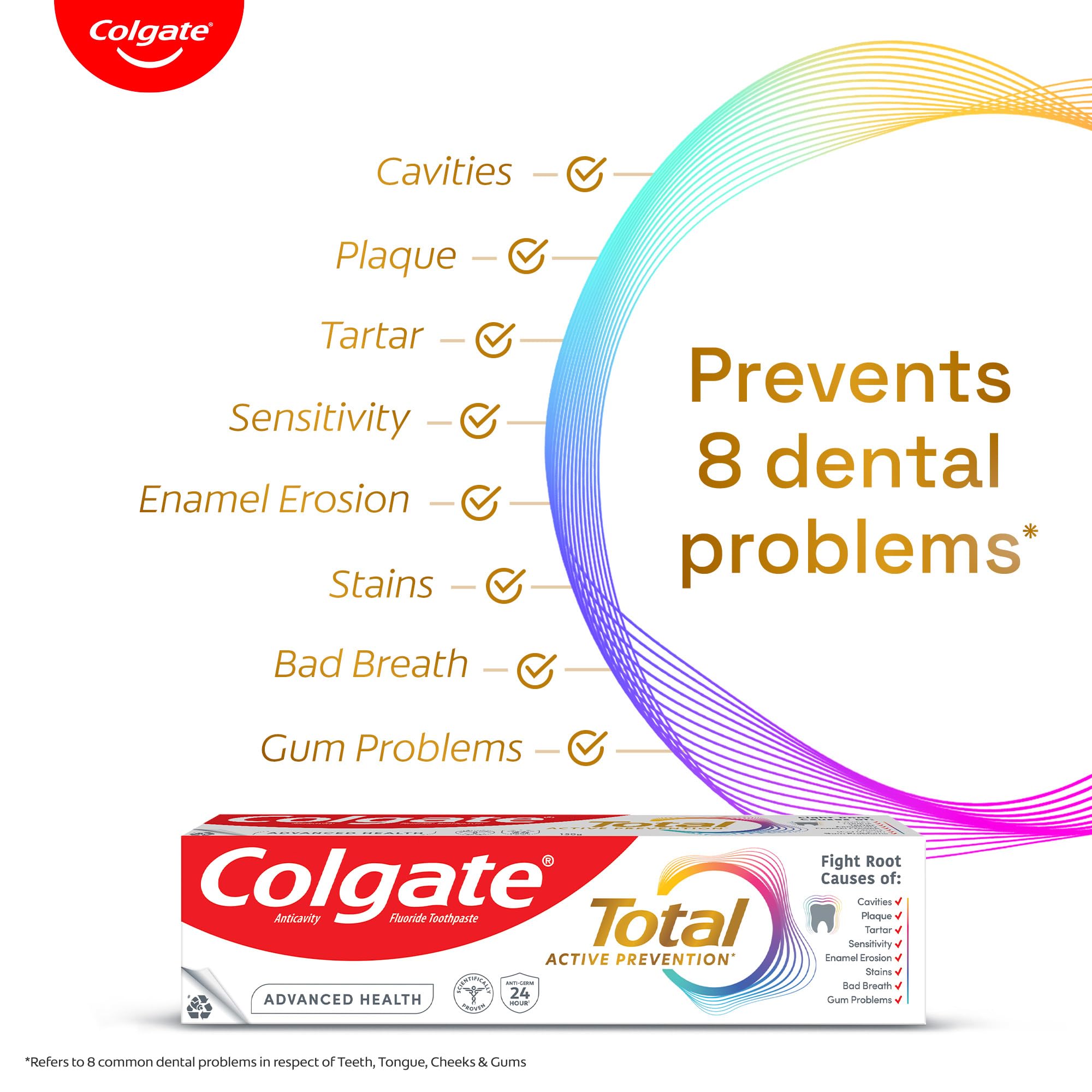 Tube Colgate Total Avancé posé sur lavabo, moment de soins bucco-dentaires