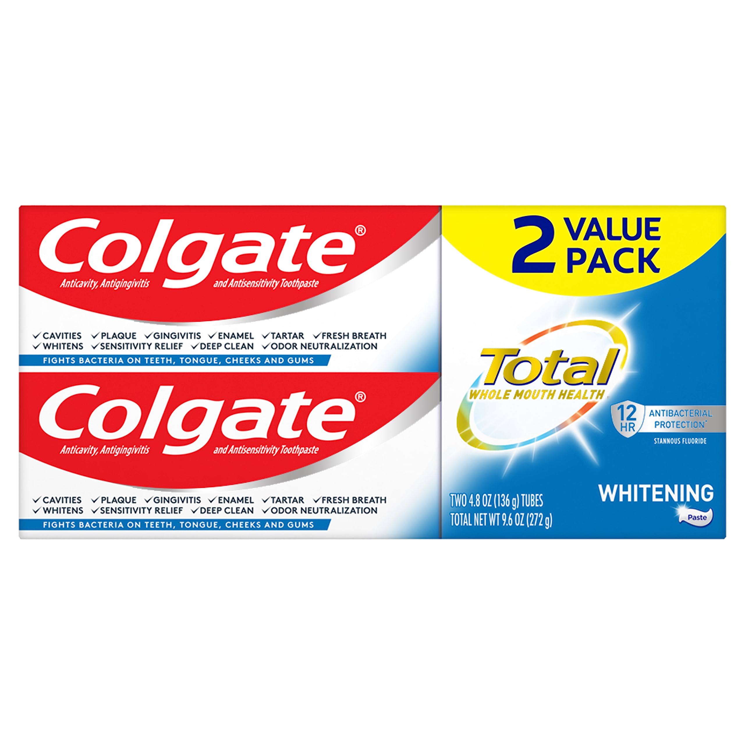 Colgate Total blanchiment-tubes 2-pack : utilisation quotidienne pour un sourire éclatant.