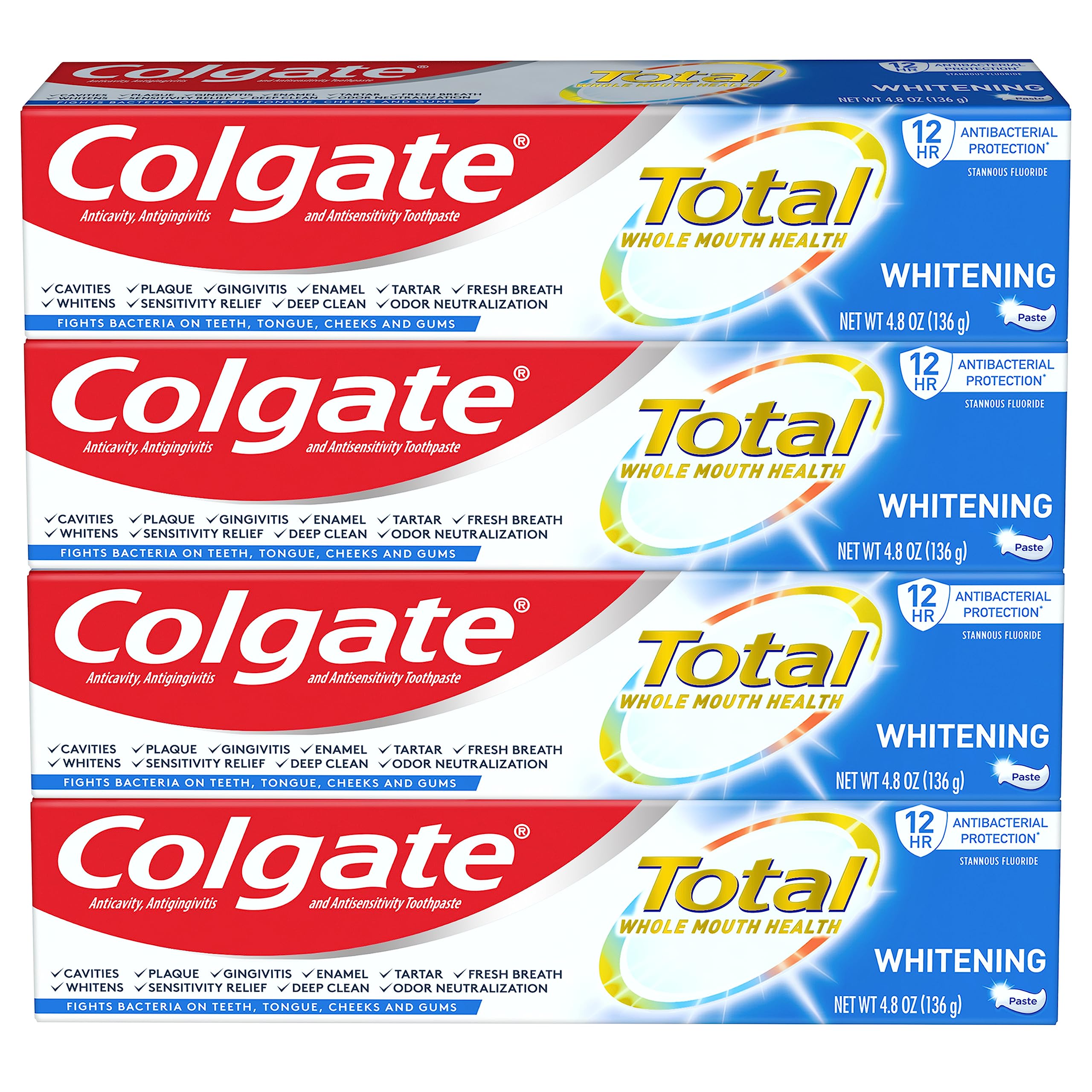 Colgate Total blanchissant menthe, 4 tubes, usage quotidien pour sourire plus clair.