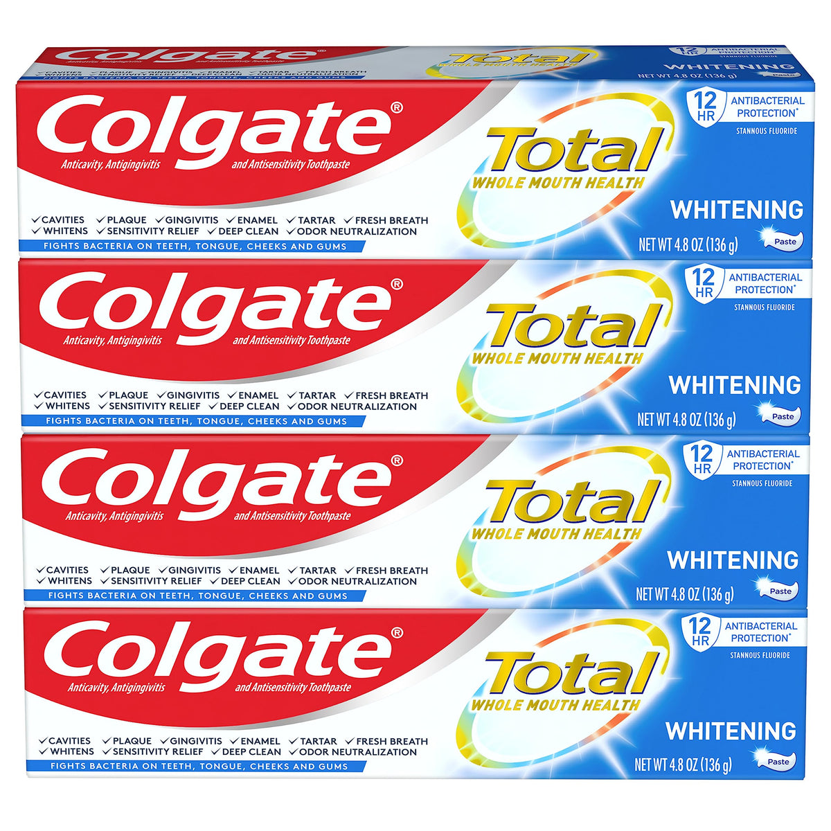 Colgate Total blanchissant menthe, 4 tubes, usage quotidien pour sourire plus clair.