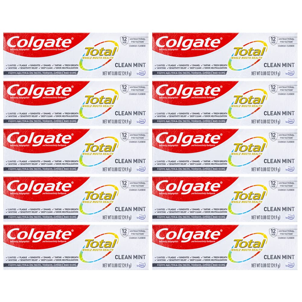 Dentifrice Colgate Total format voyage avec emballage portable et menthe rafraîchissante.