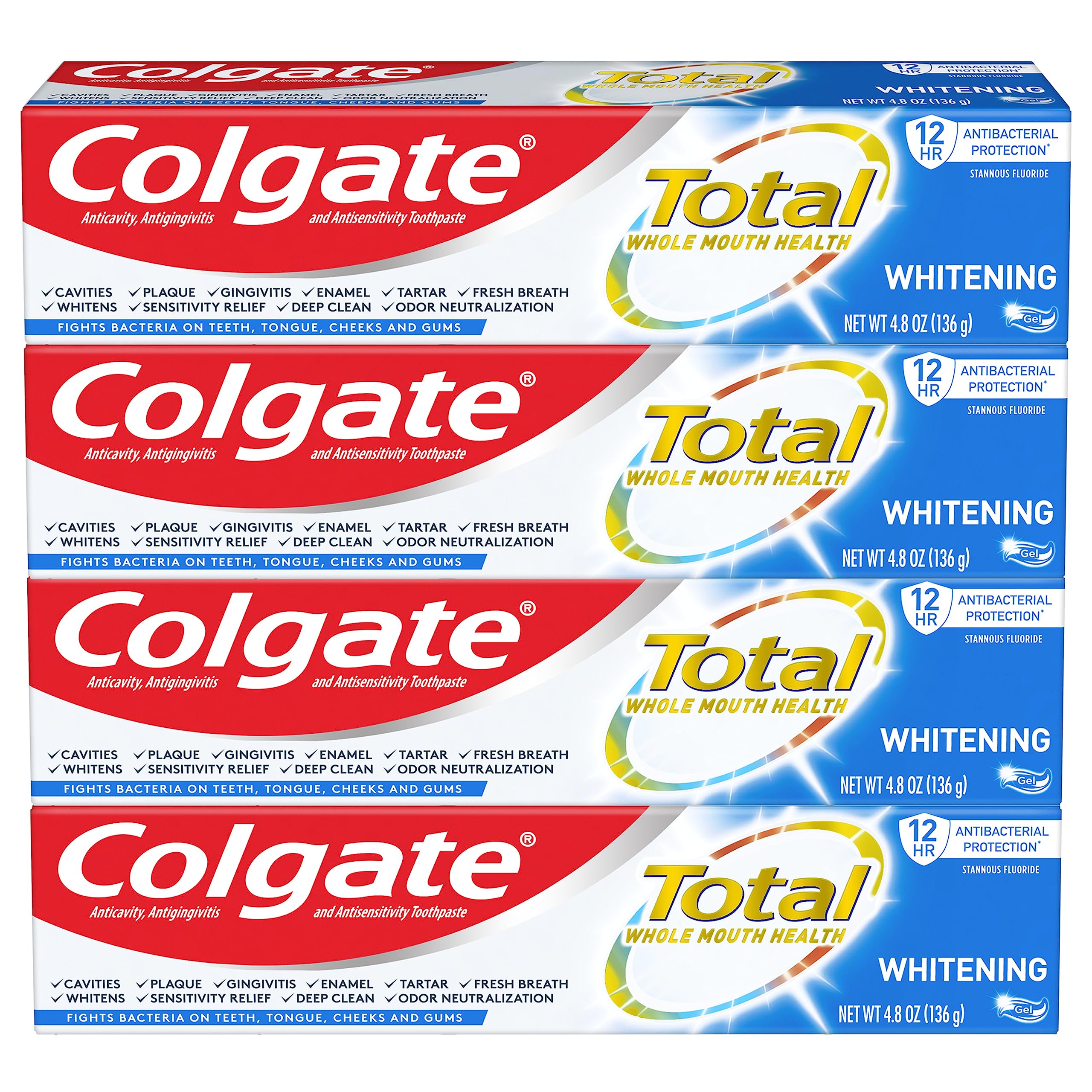 Colgate Total Gel emballage ensemble de 4 tubes prêt à l'utilisation.