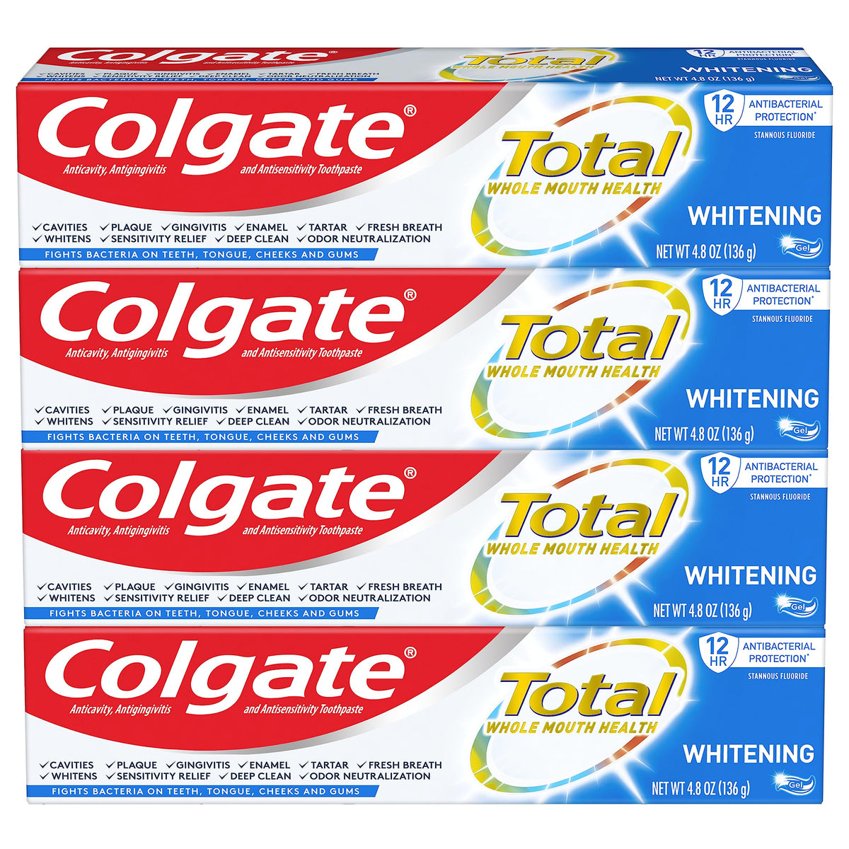 Colgate Total Gel emballage ensemble de 4 tubes prêt à l'utilisation.