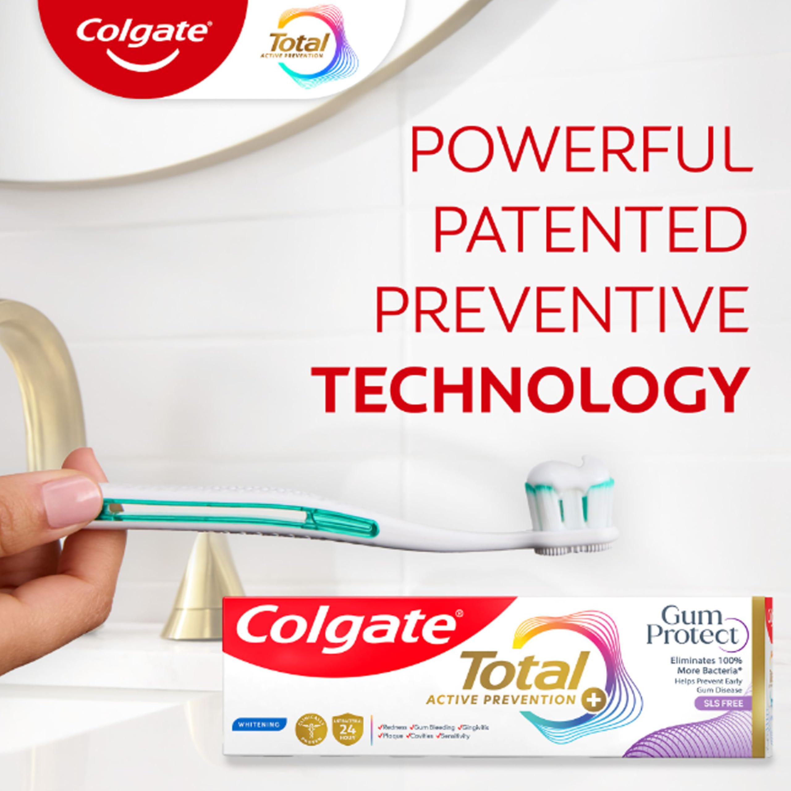 Colgate Total sans SLS, formule douce pour gencives sensibles.