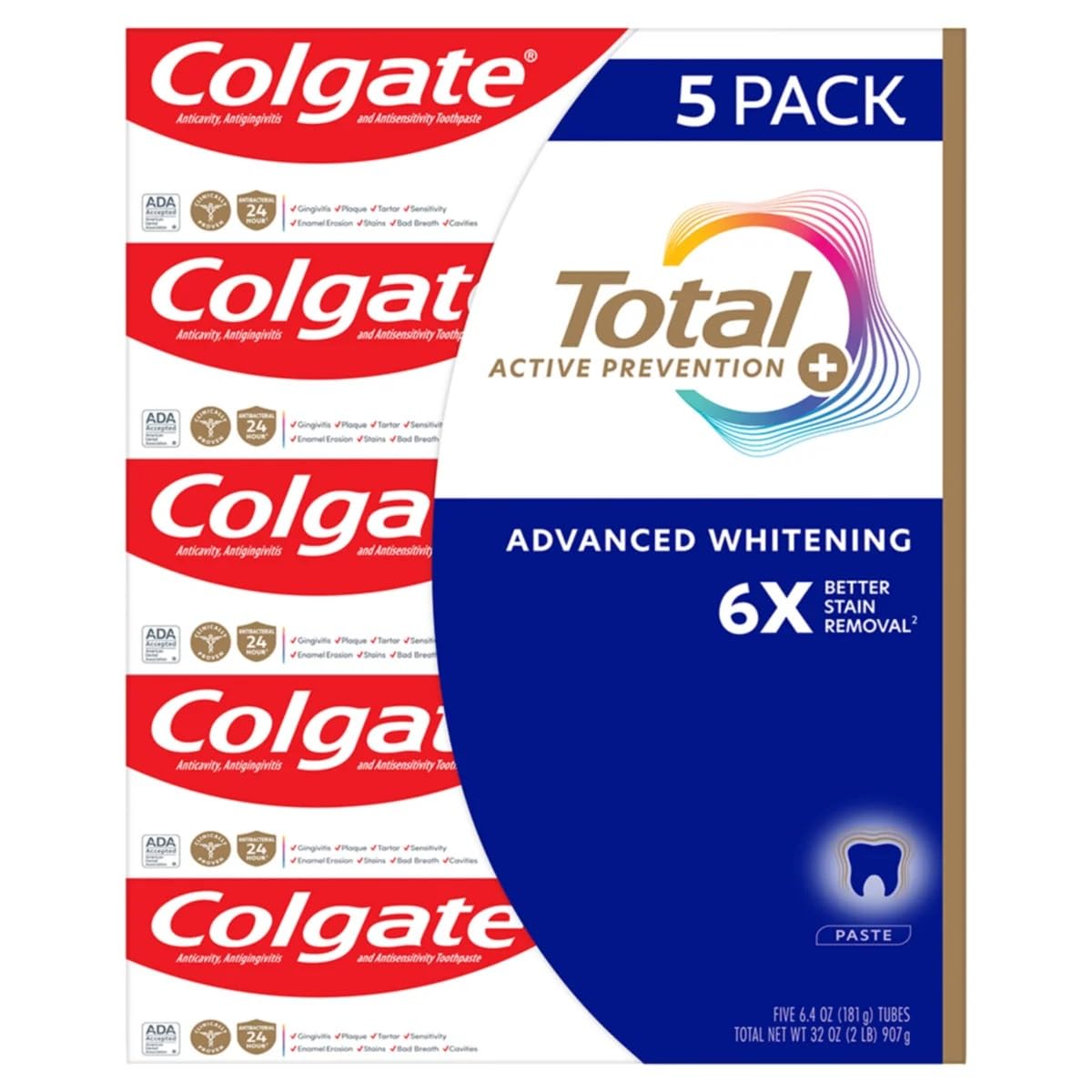 Colgate Total SF Avancé Blanchiment - tube avec menthol frais, sensation de fraîcheur durable.