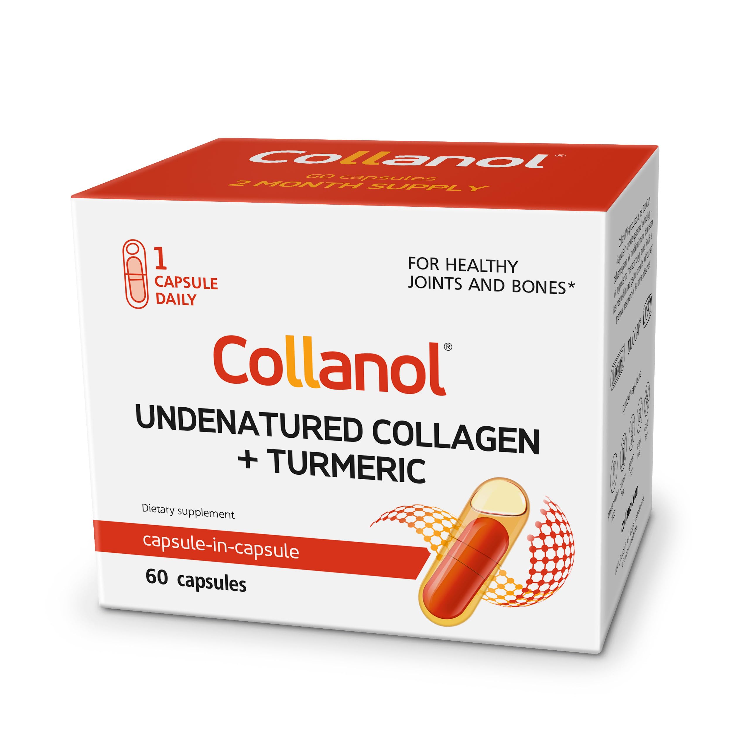 Collanol: bouteille et double capsules, utilisation quotidienne simplifiée pour le soutien des articulations.