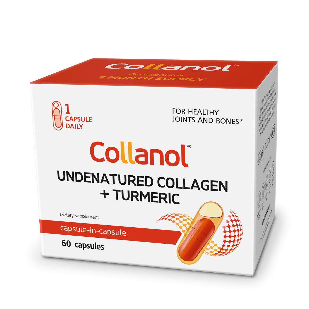 Collanol: bouteille et double capsules, utilisation quotidienne simplifiée pour le soutien des articulations.