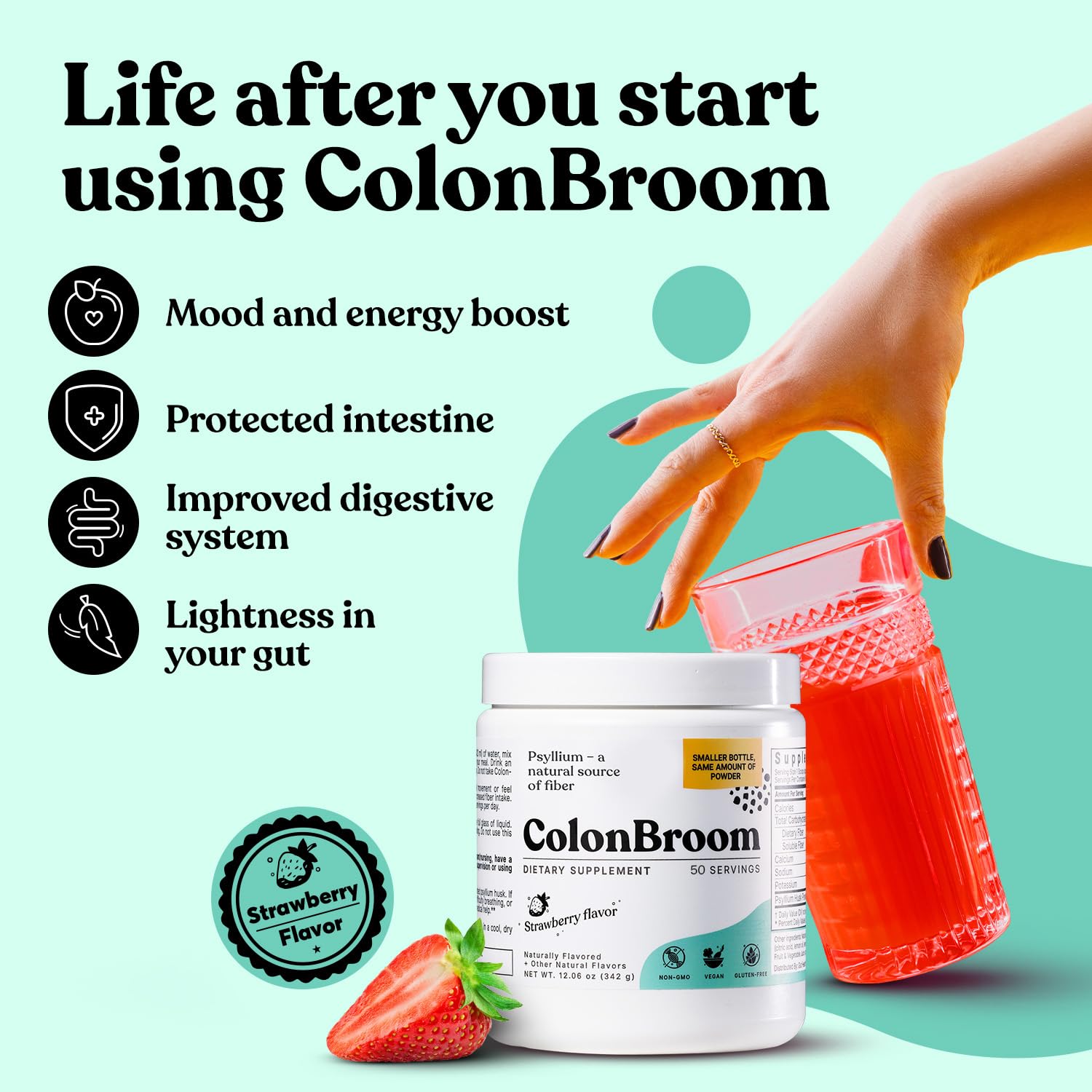 ColonBroom boîte poudre psyllium fraise, emballage pratique pour une routine régulière