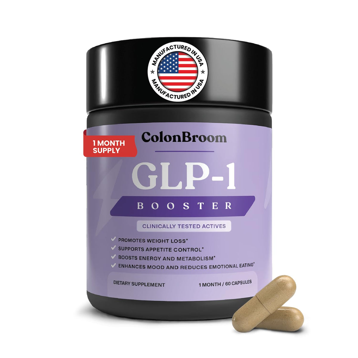 ColonBroom GLP-1: bouteille affichant la formulation pour une digestion quotidienne plus fluide.