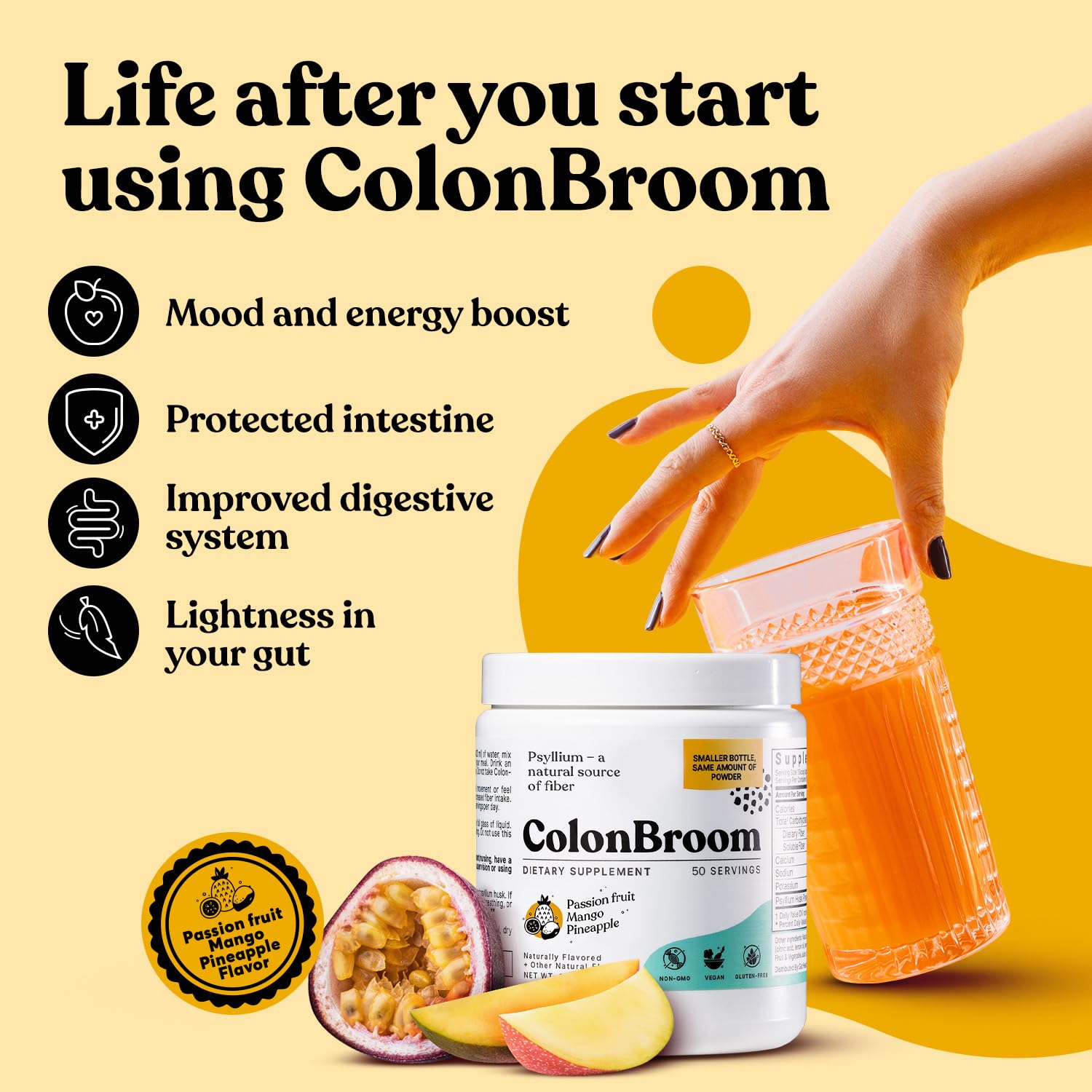 ColonBroom mélange poudre psyllium dans l'eau, préparation rapide et simple.