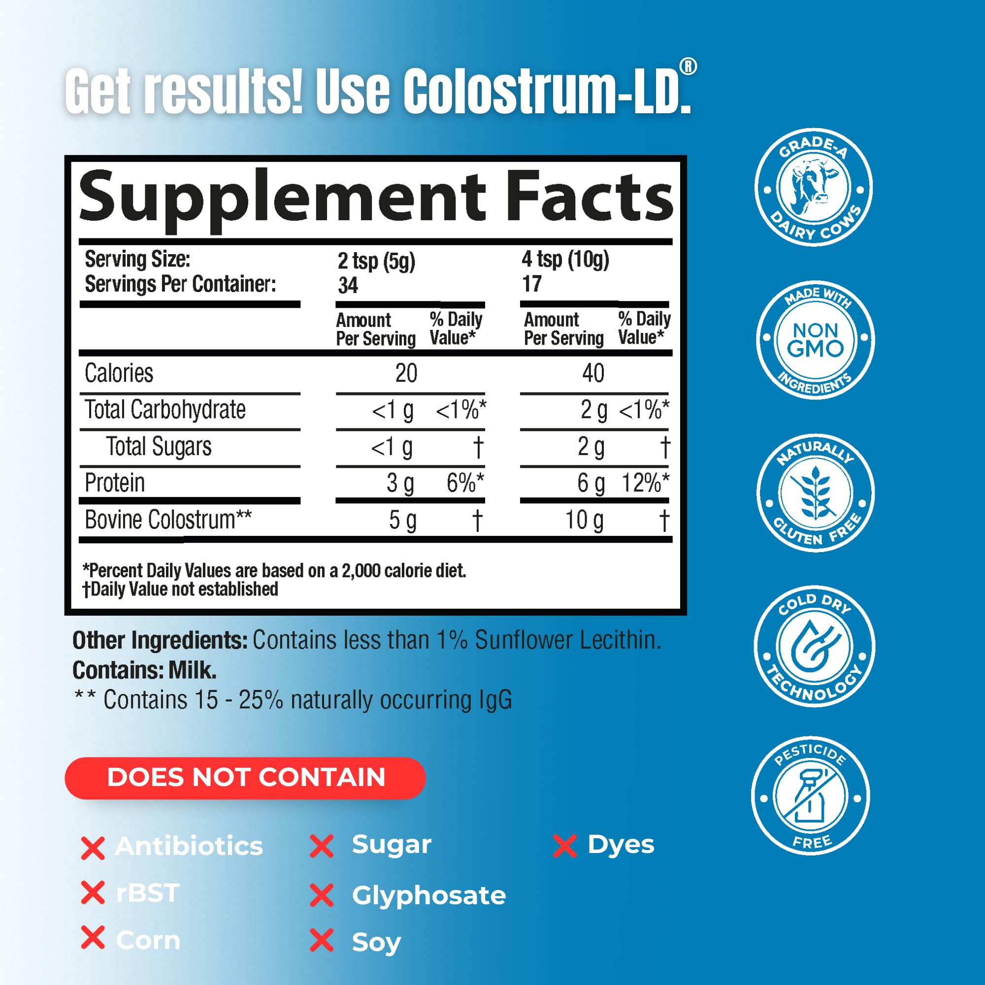 Colostrum-LD bouteille et emballage – rangement facile pour l'apport régulier.
