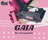 Combat Wipes Gaia: lingette aloe vitamine E sans alcool pour la douceur.