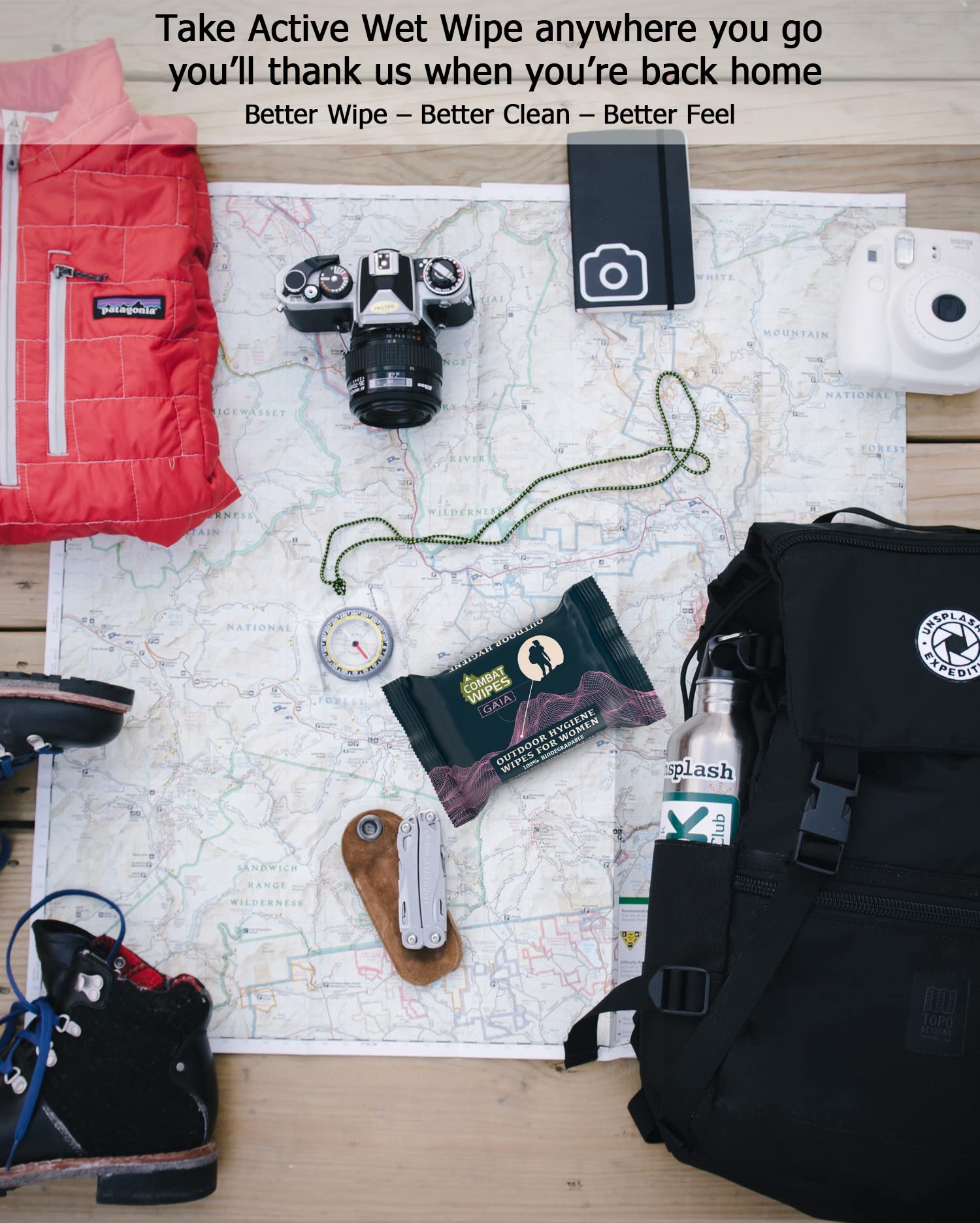 Combat Wipes Gaia: utilisation en extérieur lors d'une aventure en plein air.