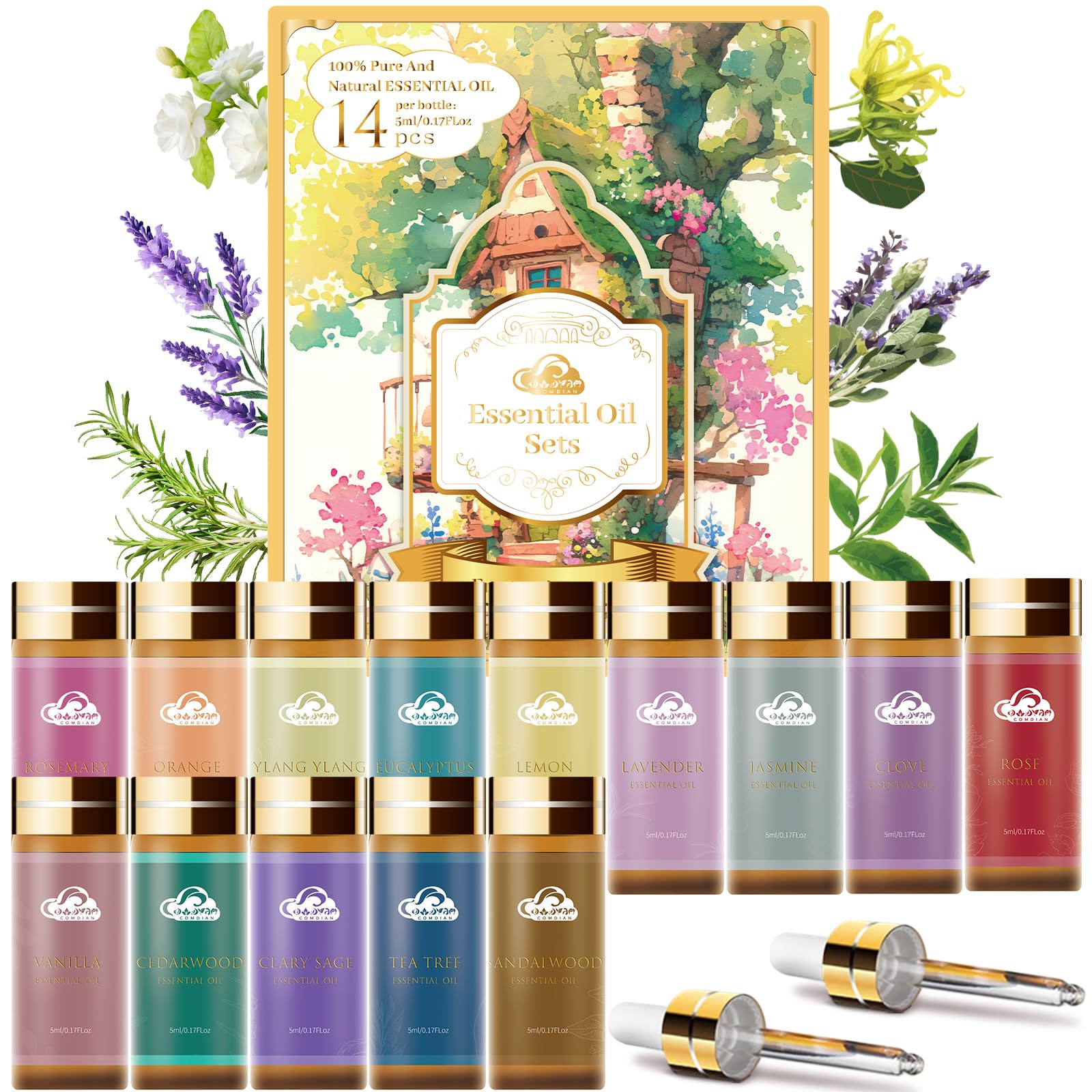 Coffret Comdian Huiles essentielles 14 pièces avec bouteilles ambrées, arômes durables