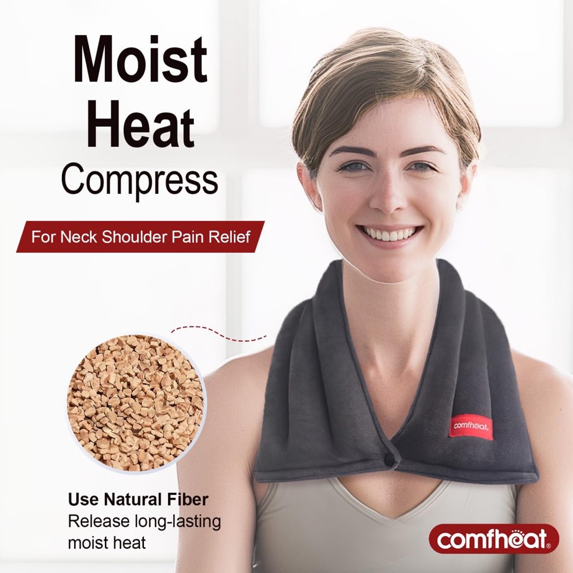 Comfheat : chaleur humide pour le cou, utilisée au micro‑ondes pour une détente.