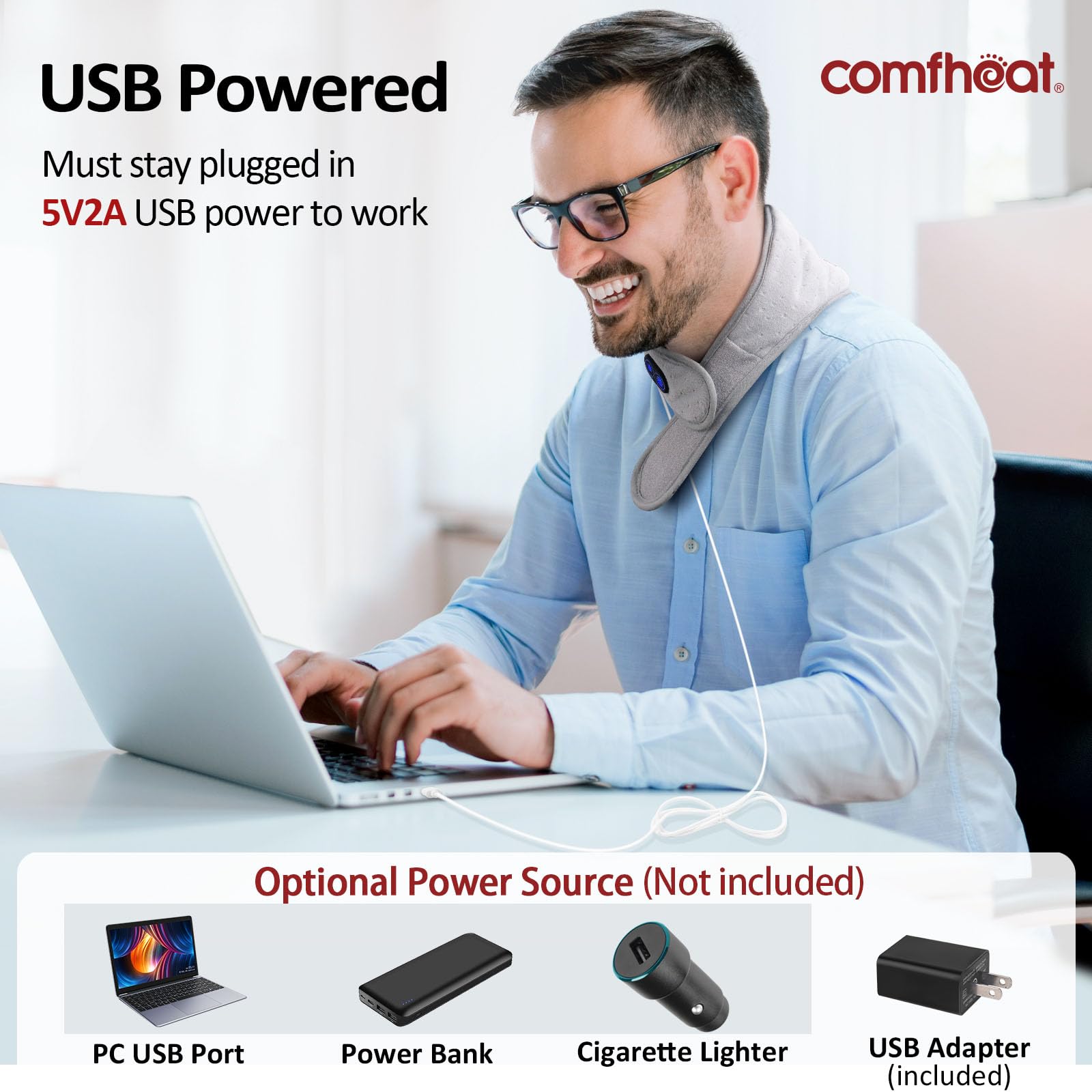 Comfheat cache-cou alimentation USB portable pour mobilité en déplacement.