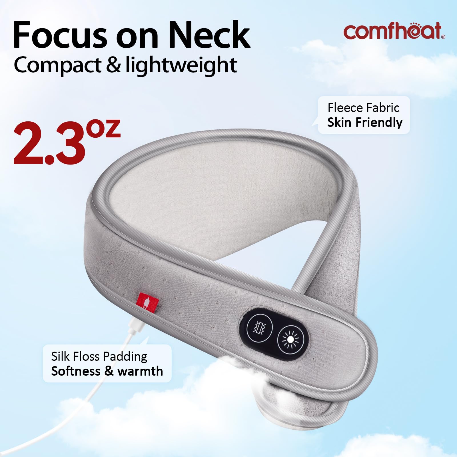 Comfheat cache-cou réglages chaleur et massage personnalisables selon le besoin.