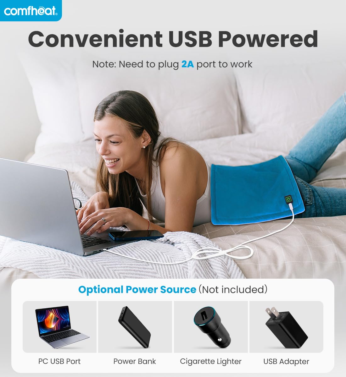 Coussin chauffant USB Comfheat avec long câble pour mobilité.