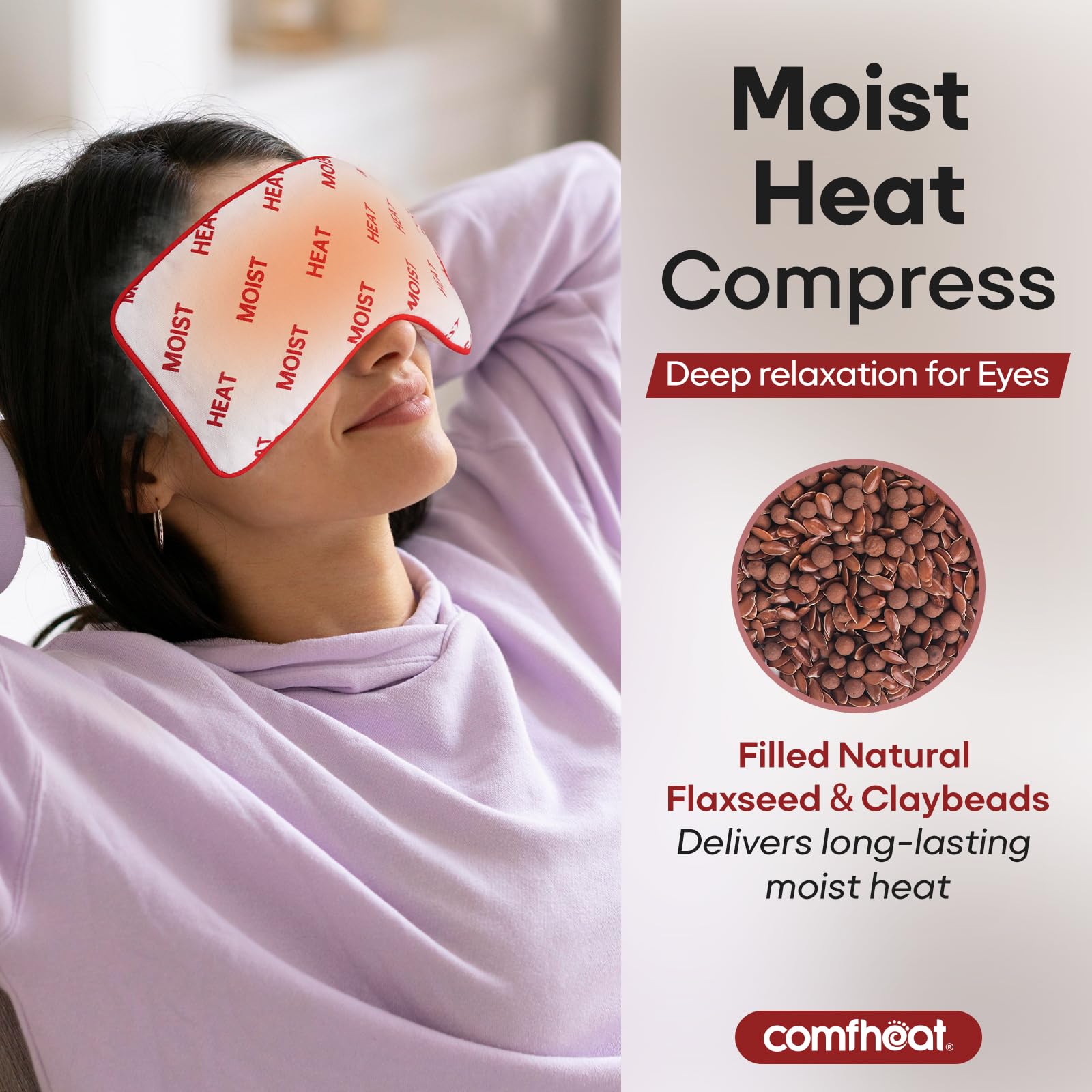 Coussin yeux Comfheat lavande utilisé au micro-ondes pour chaleur humide apaisante.