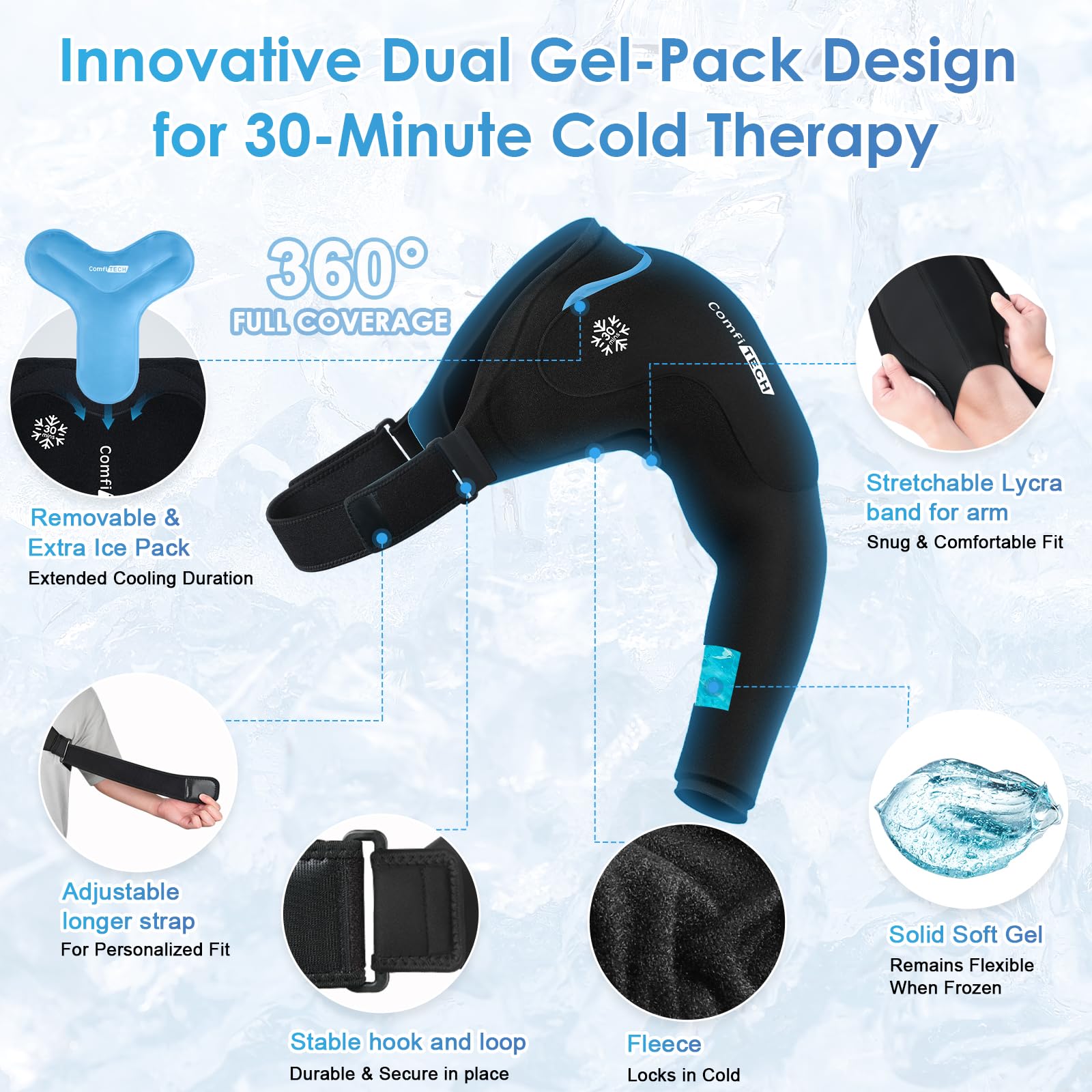 Sangle velcro ajustable ComfiTECH assure un maintien sûr épaule et bras.