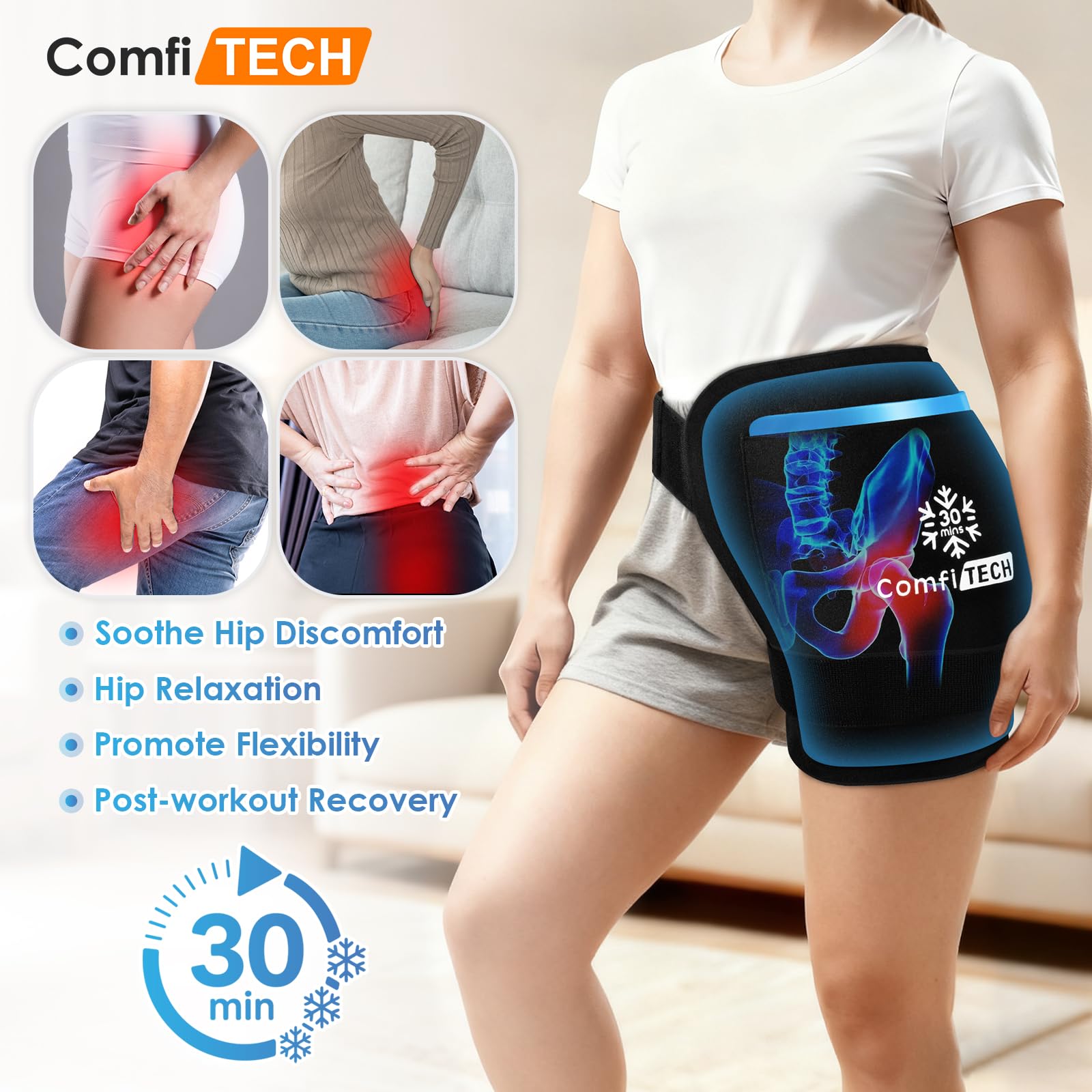 ComfiTECH: mise en place facile du coussin glace double gel sur la hanche
