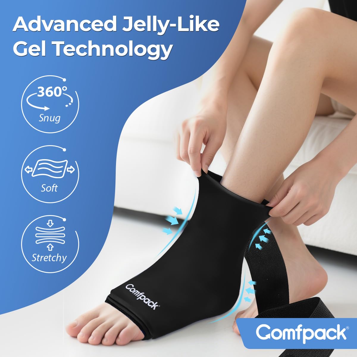 Comfpack gel flexible, ajustement confortable autour de la cheville.