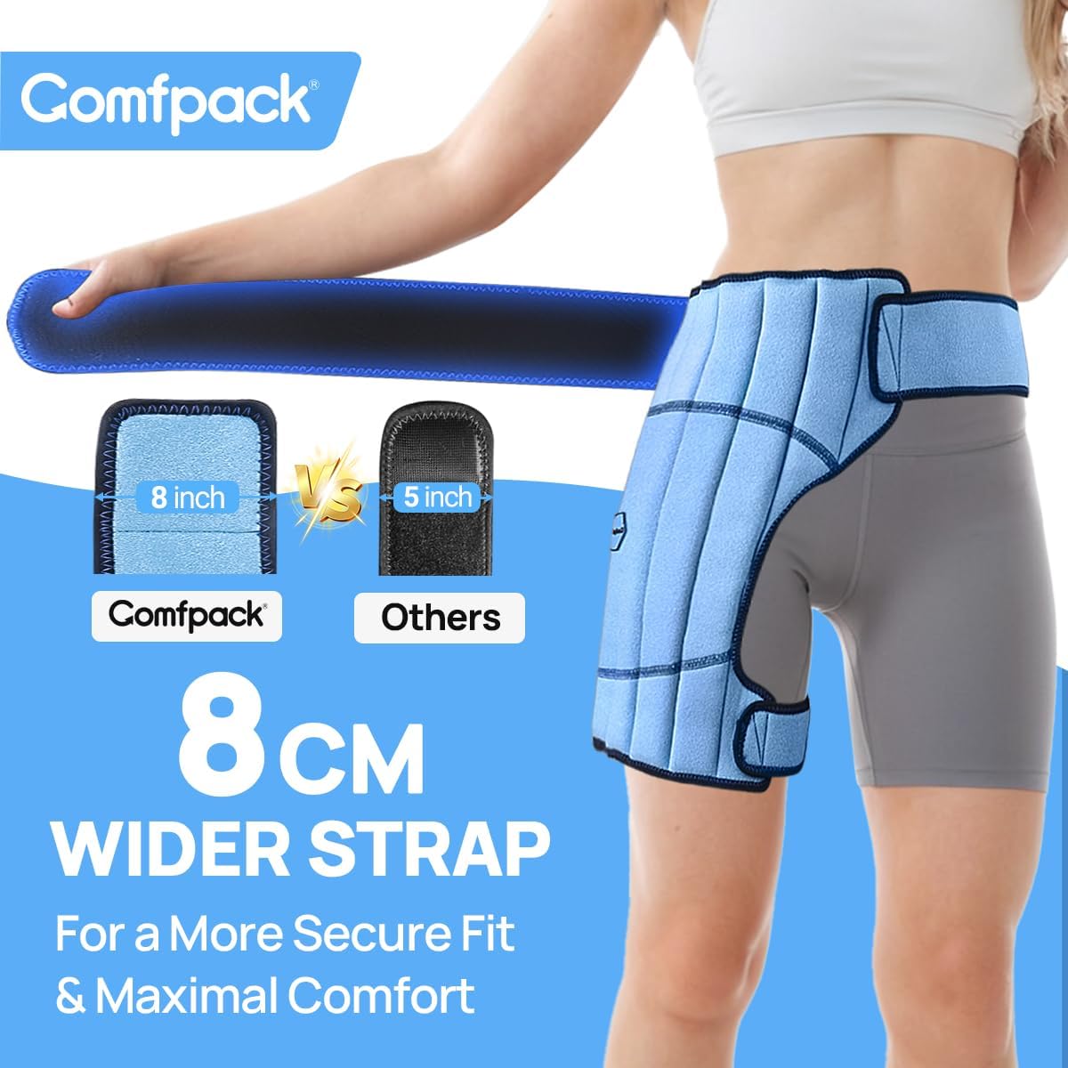 Comfpack enveloppant glacé pour hanche livré avec rangement et offre.